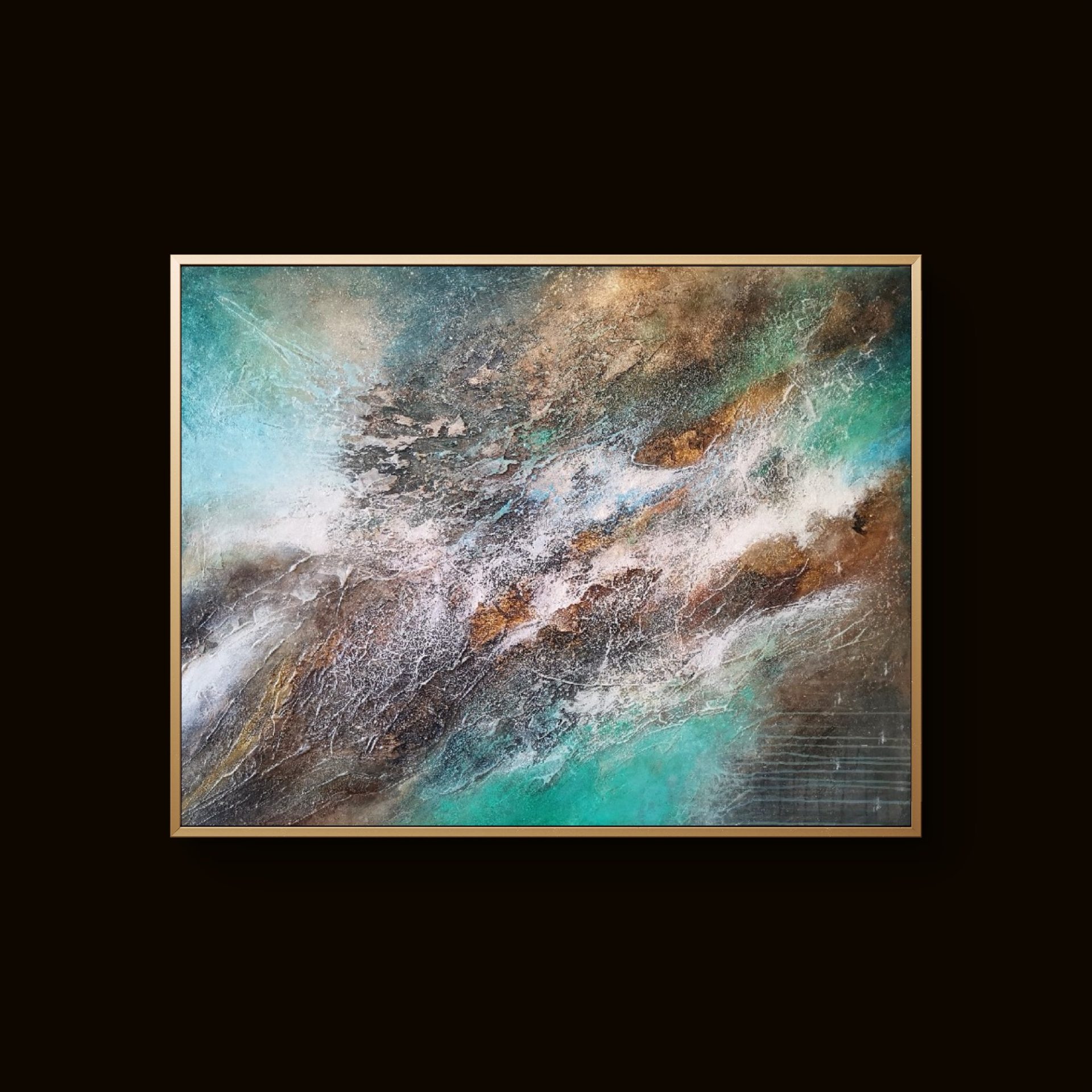 Vibrant abstract painting with teal, brown, and gold tones in dynamic textured patterns