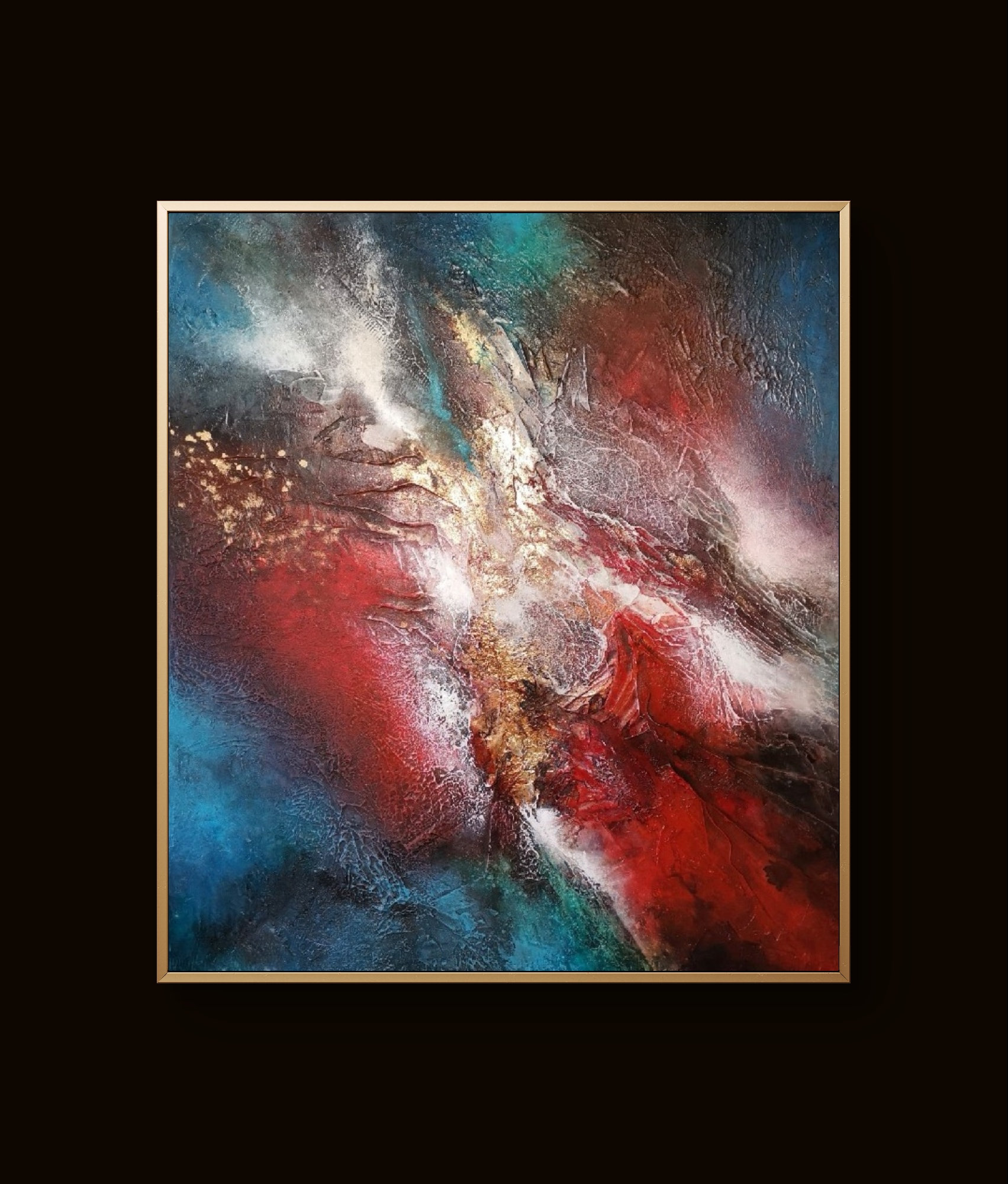 Vibrant contemporary art blending red, blue, and white in fluid, textured patterns