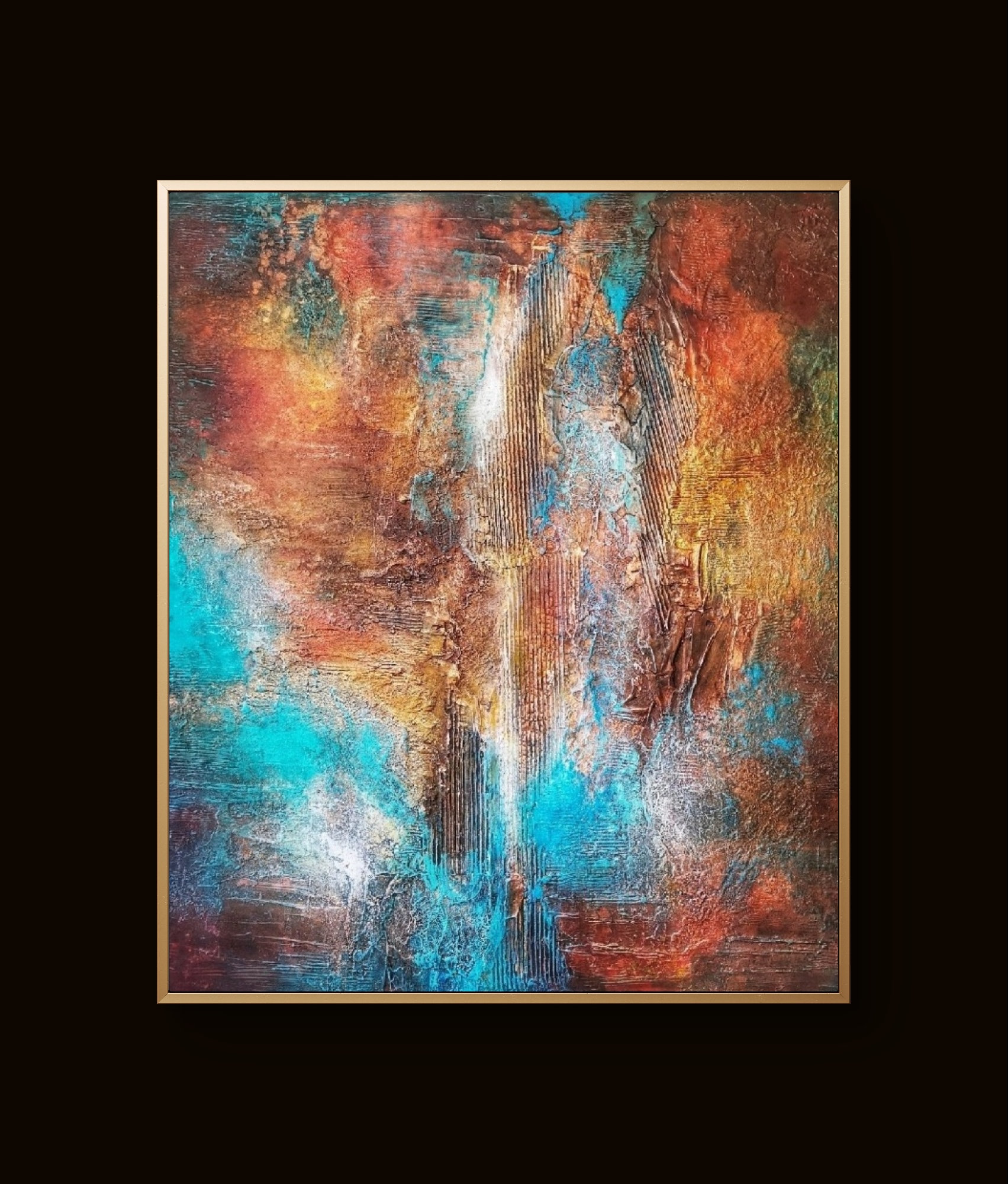 Vibrant abstract painting with teal, brown, and gold tones in dynamic textured patterns