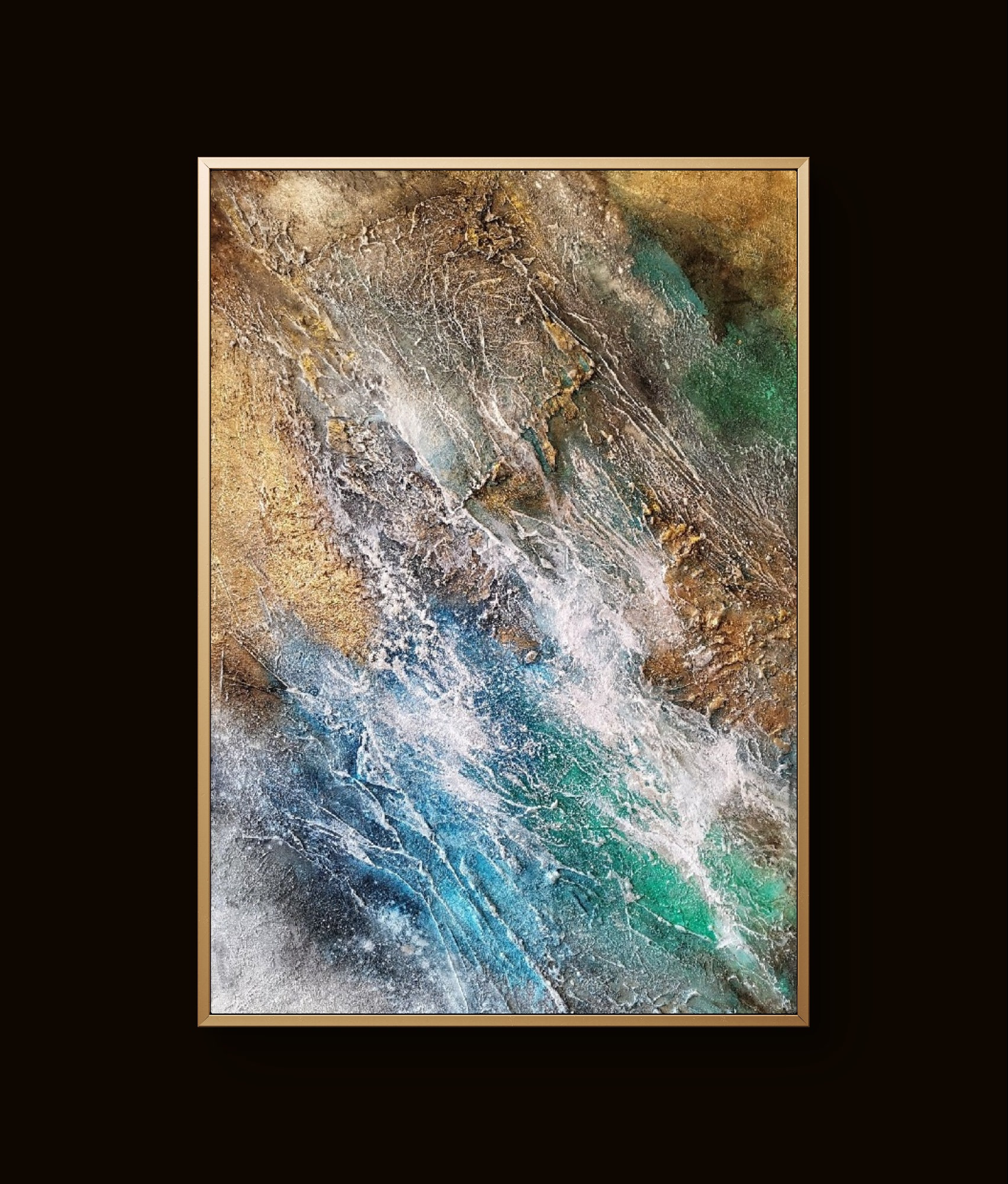 Vibrant abstract painting with teal, brown, and gold tones in dynamic textured patterns