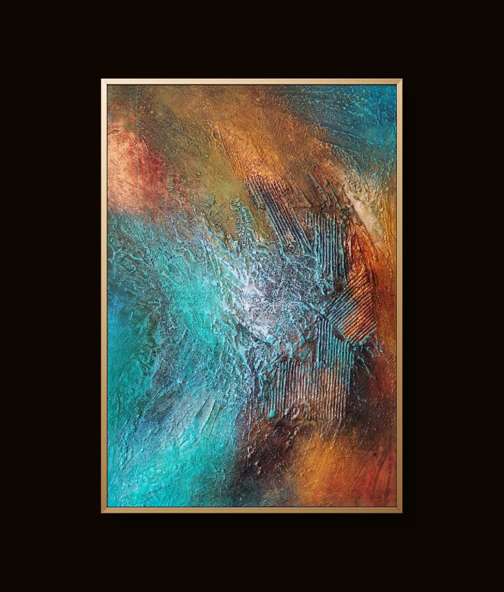 Vibrant abstract painting with teal, brown, and gold tones in dynamic textured patterns