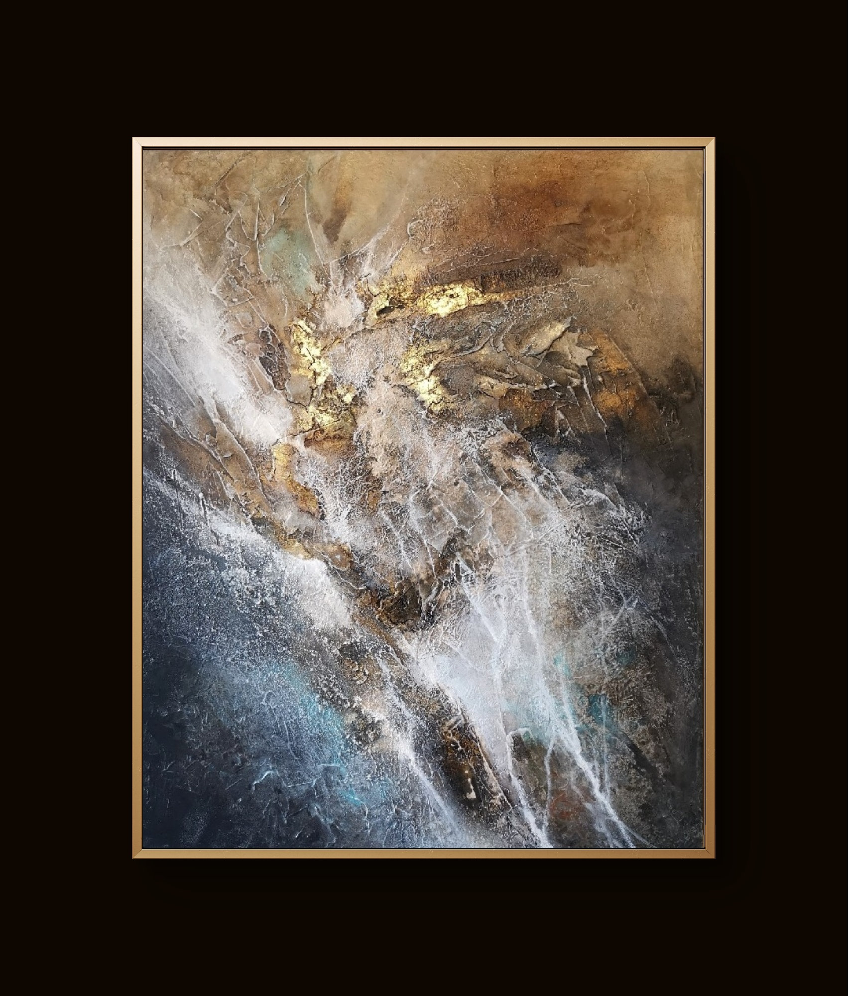 Abstract painting with bright white center surrounded by deep blue and warm brown textured layers