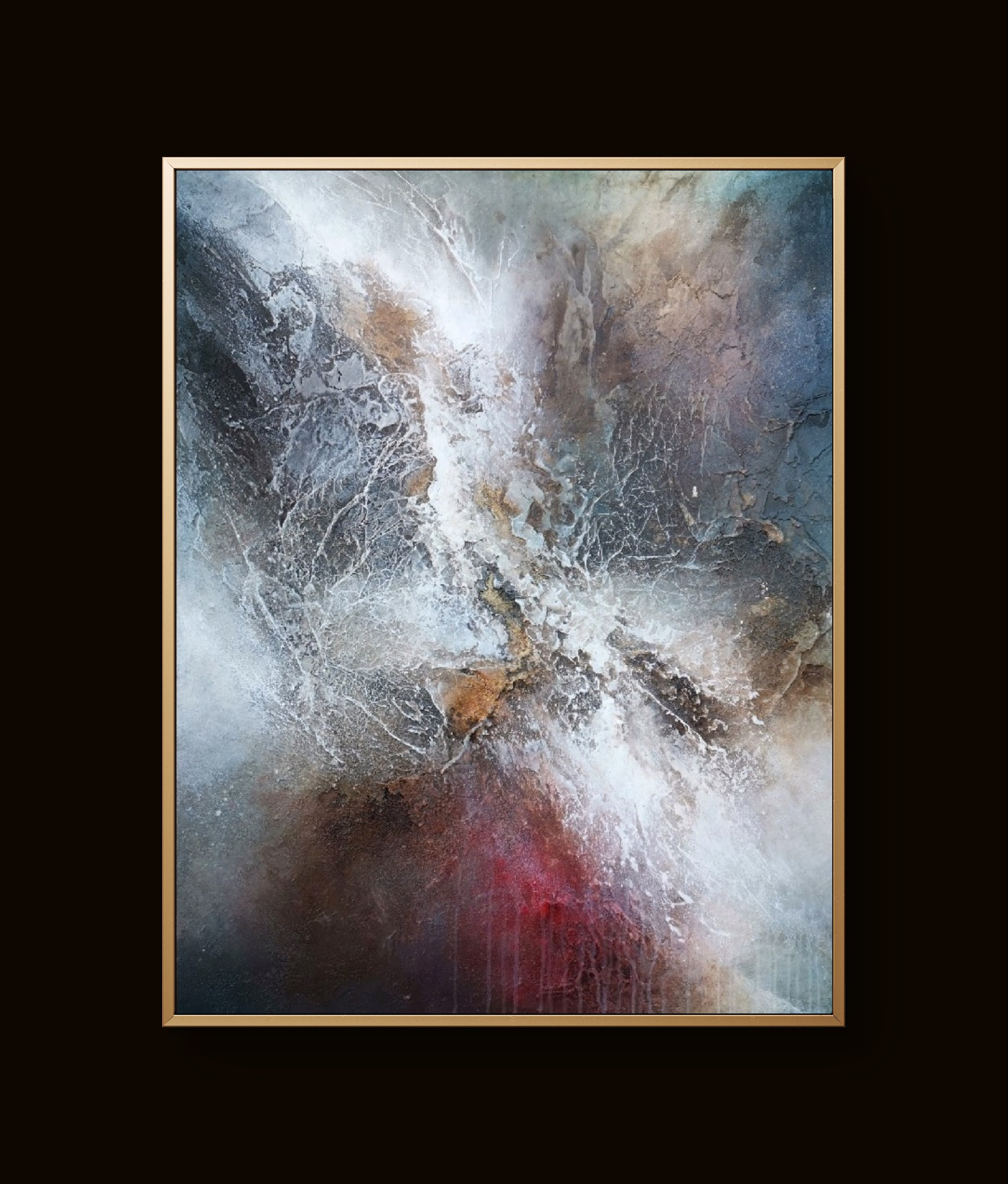 Abstract painting with bold colors and textured strokes creating dynamic movement
