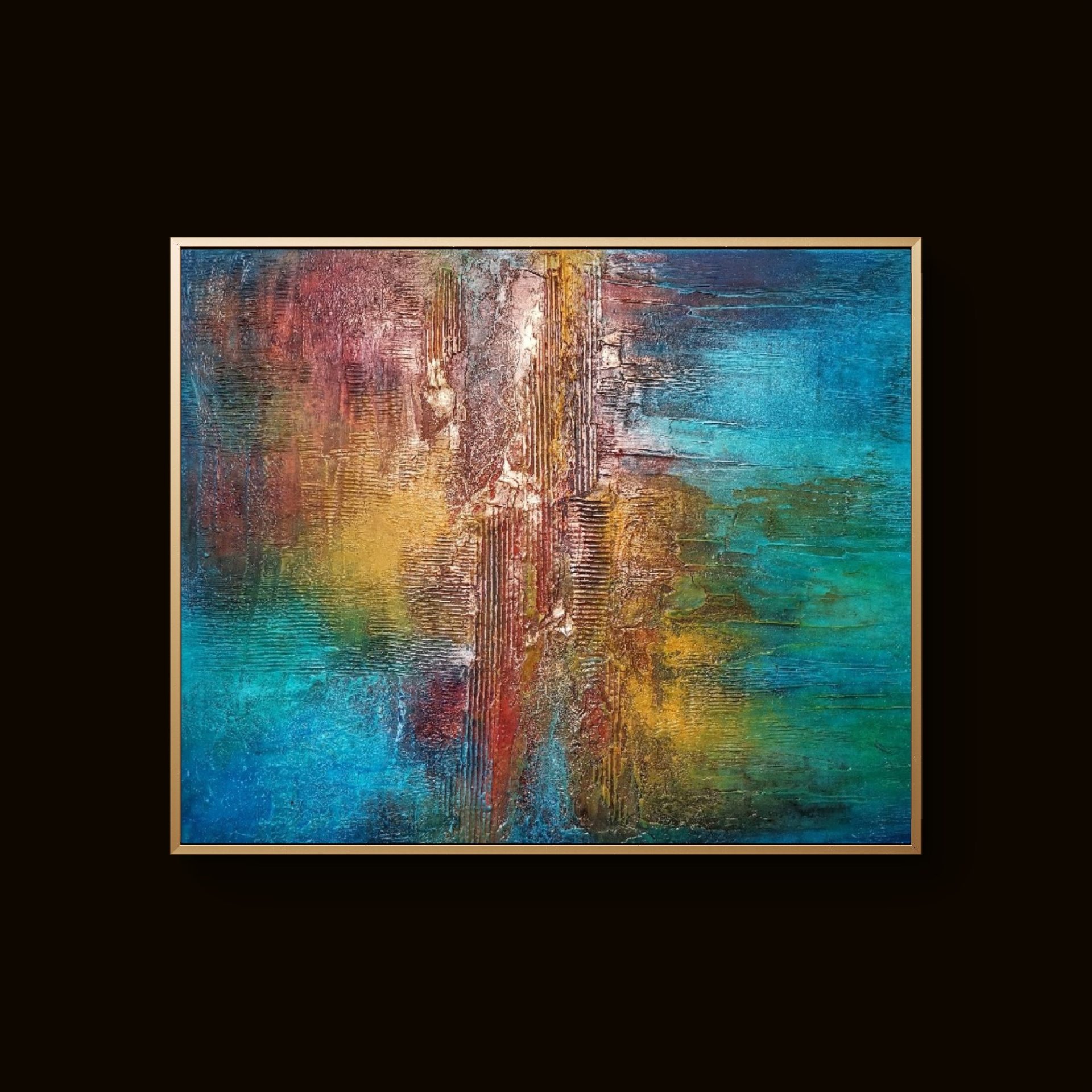 Vibrant abstract painting with teal, brown, and gold tones in dynamic textured patterns