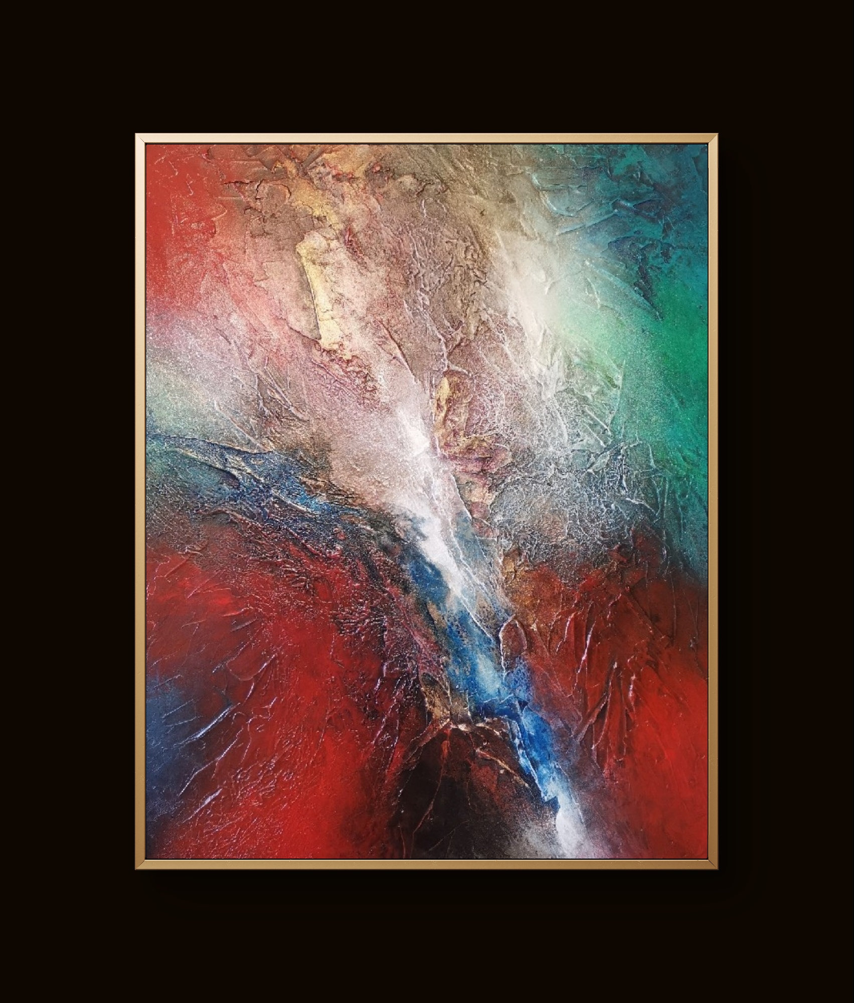 Vibrant contemporary art blending red, blue, and white in fluid, textured patterns