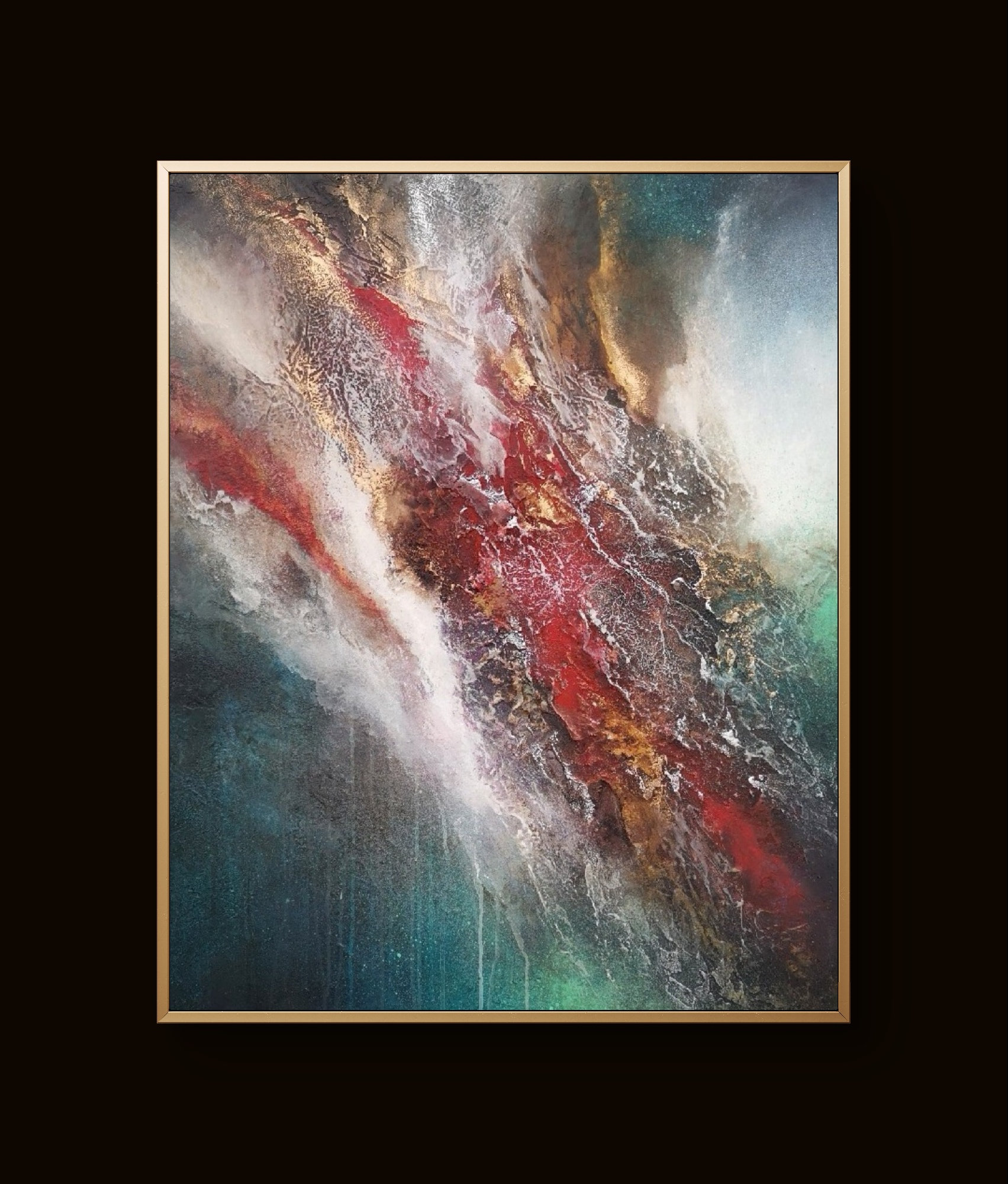 Abstract painting with bold colors and textured strokes creating dynamic movement