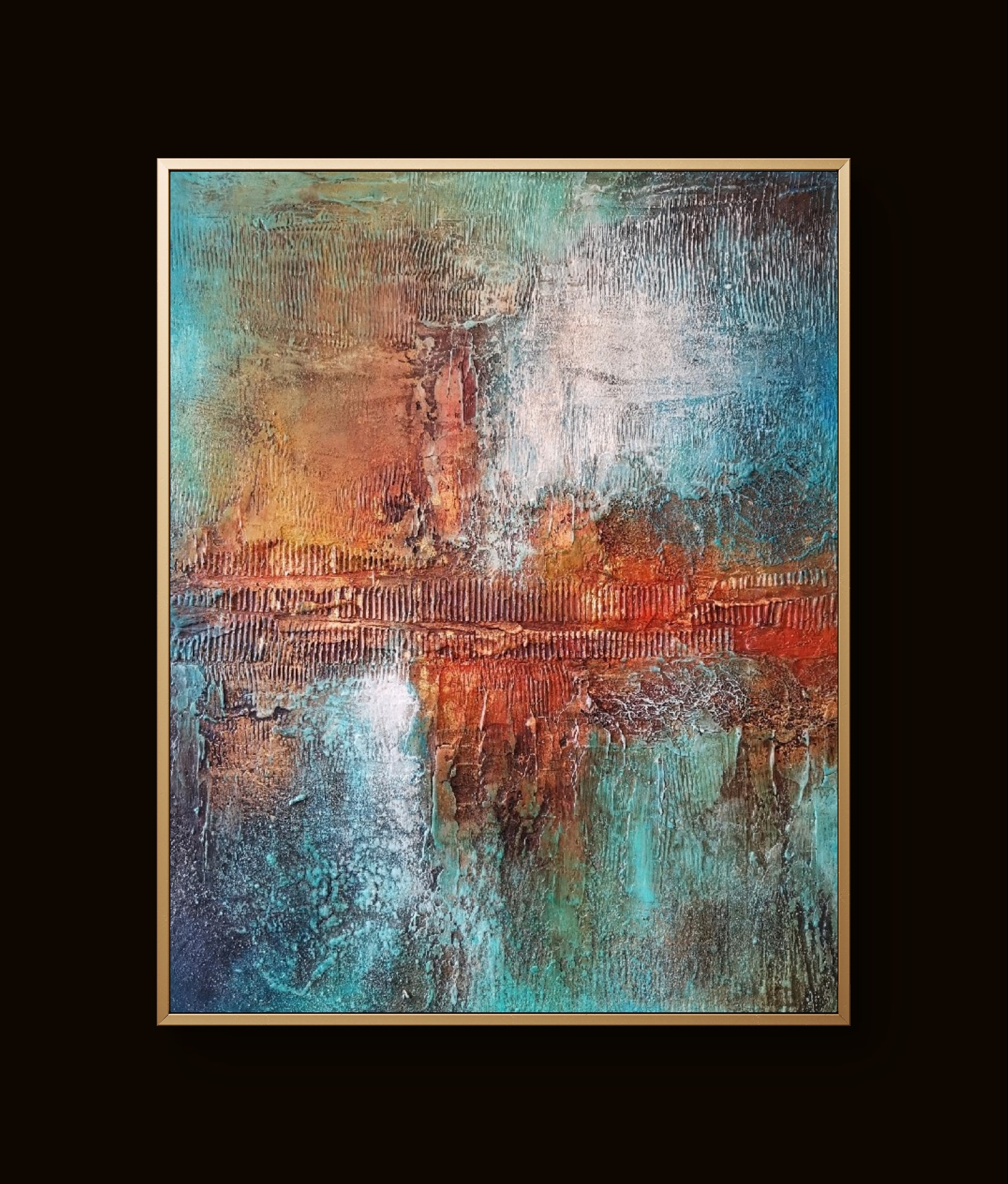 Abstract painting with bold colors and textured strokes creating dynamic movement