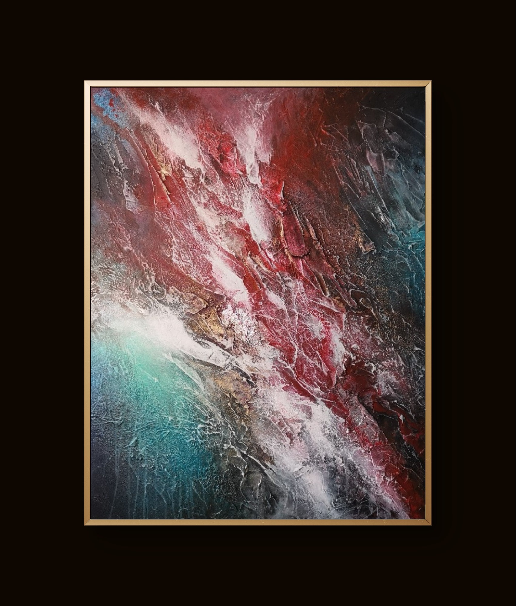 Vibrant contemporary art blending red, blue, and white in fluid, textured patterns
