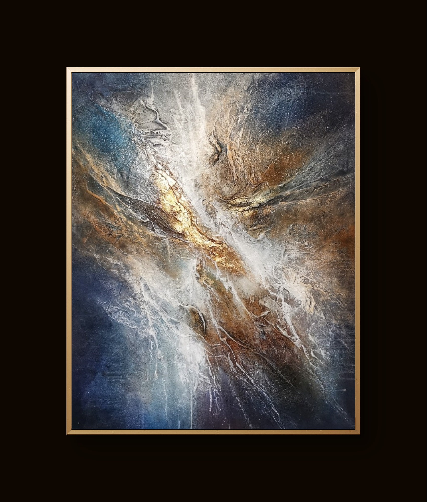 Abstract painting with bright white center surrounded by deep blue and warm brown textured layers