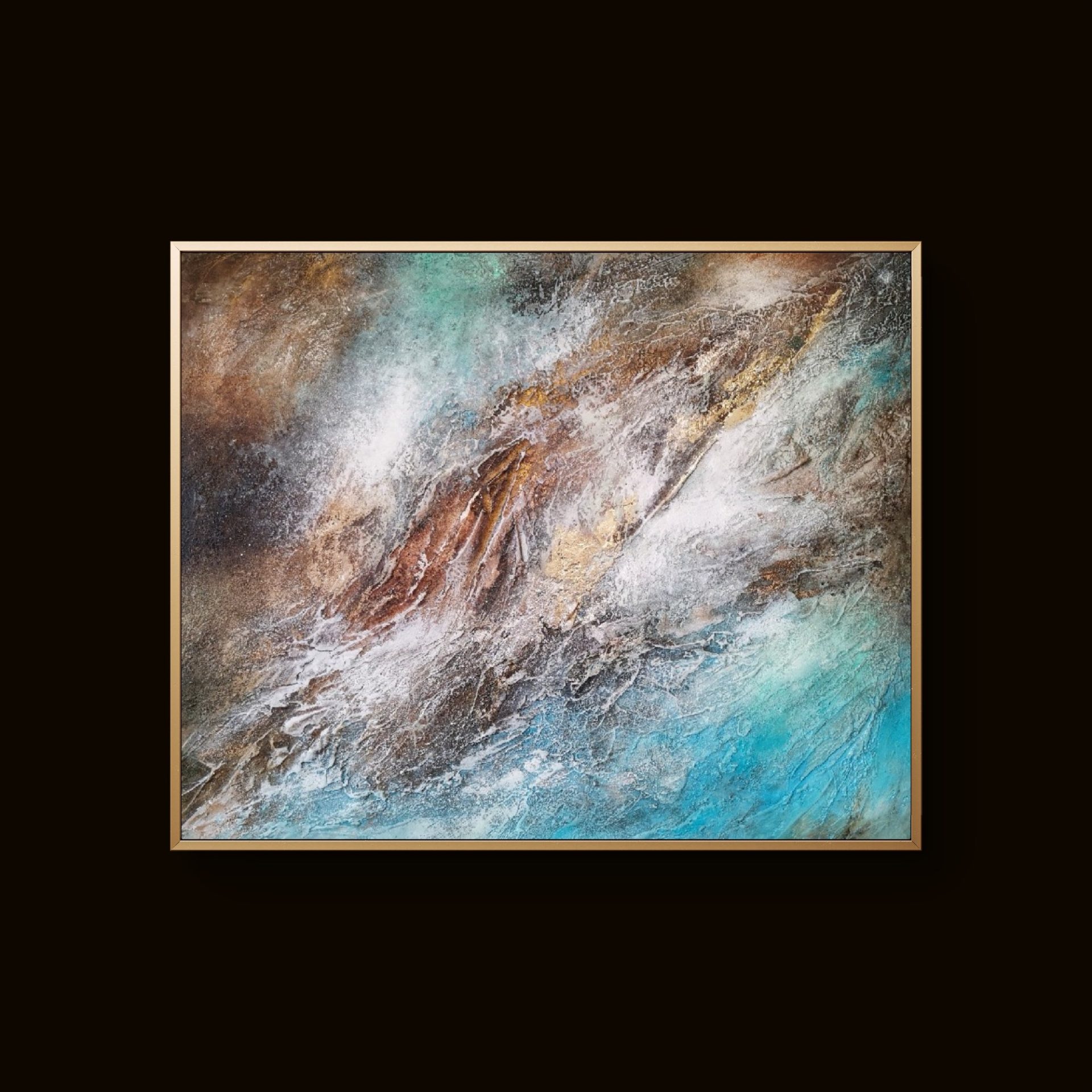 Vibrant abstract painting with teal, brown, and gold tones in dynamic textured patterns