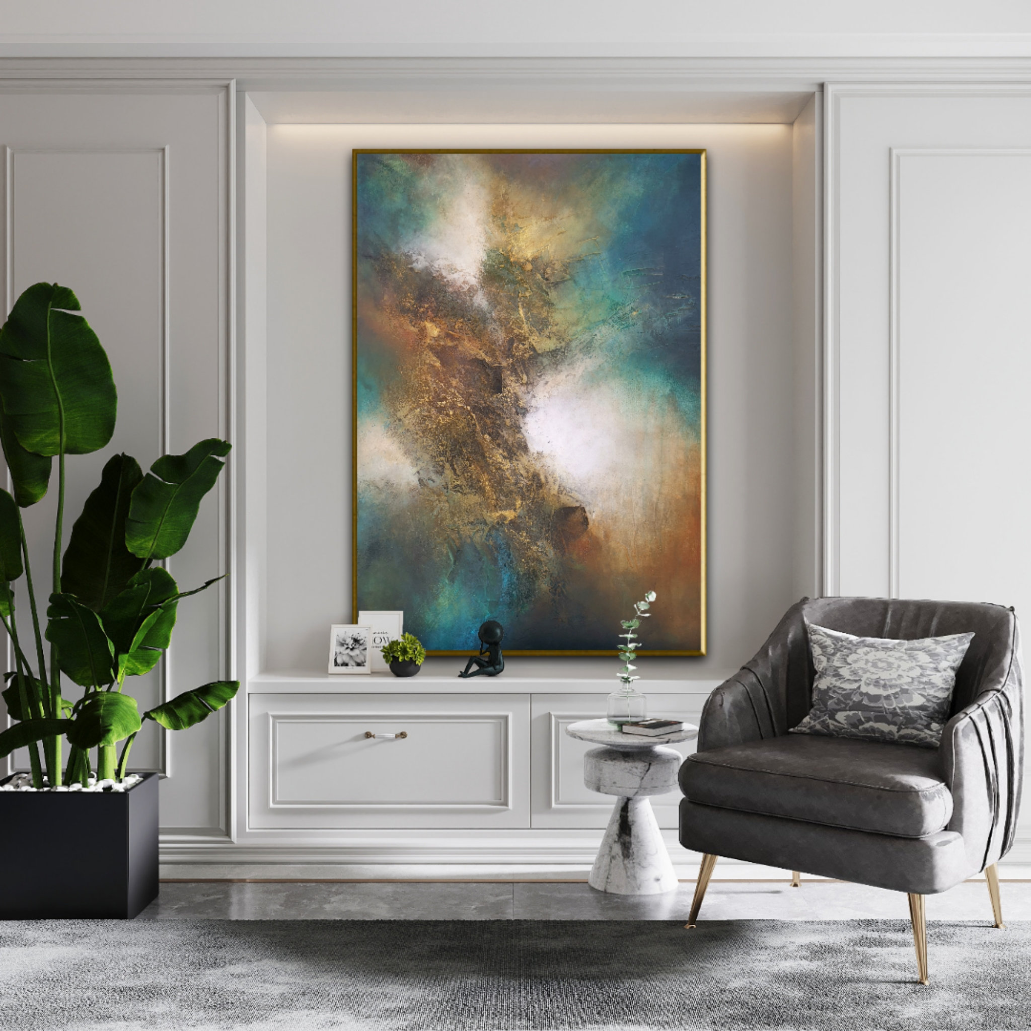 Vibrant mixed-media abstract art with layered structure showcased in modern interior design