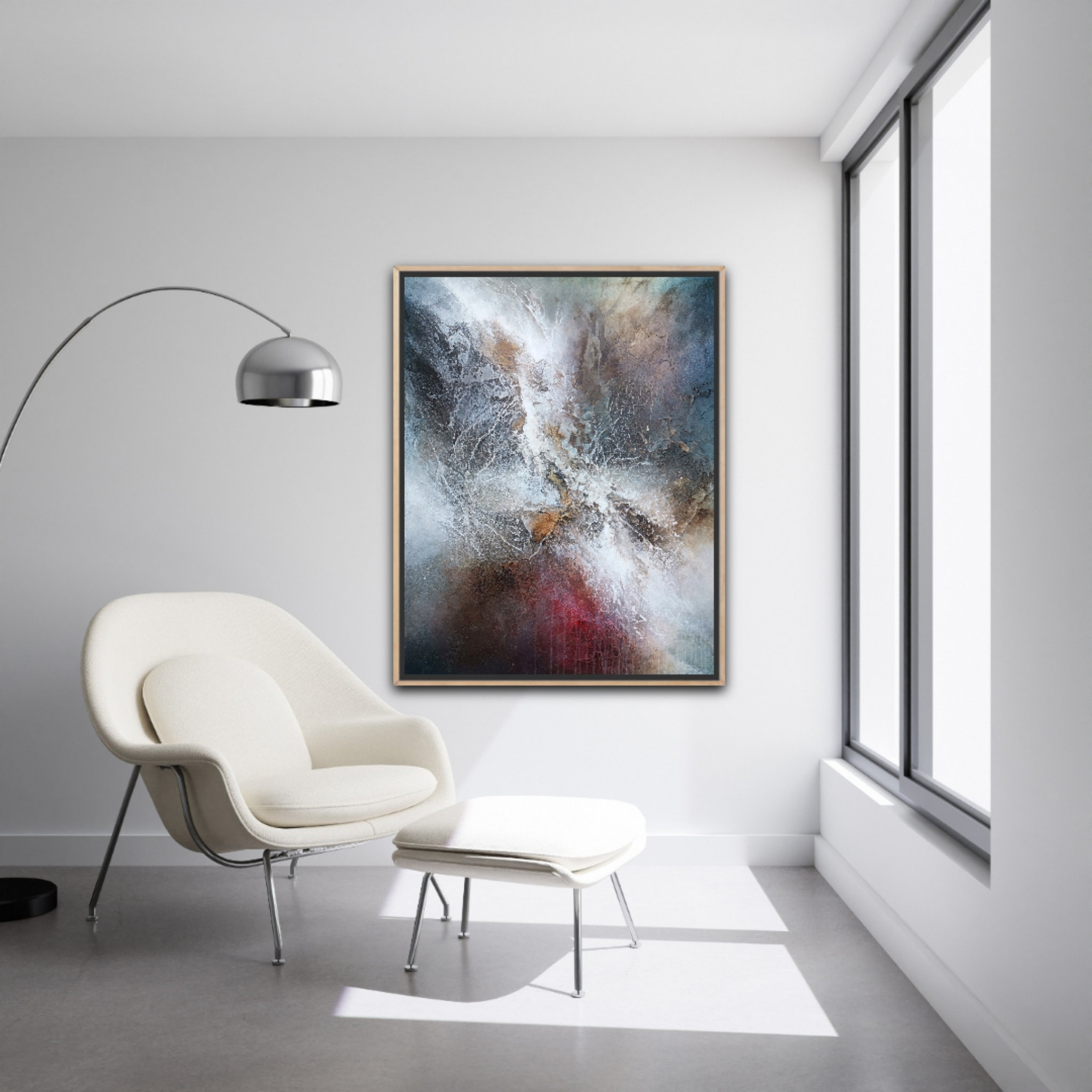 Vibrant mixed-media abstract art with layered structure showcased in modern interior design