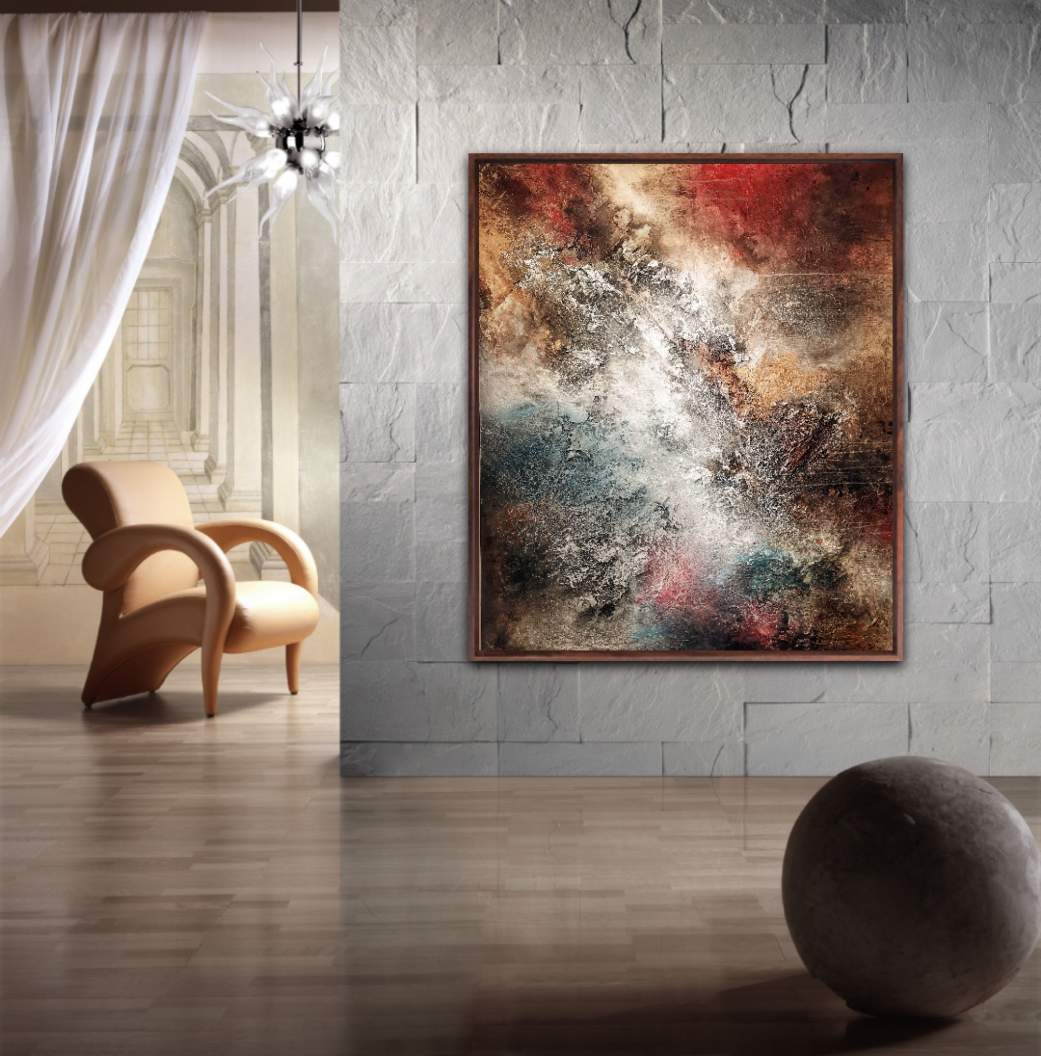 Vibrant mixed-media abstract art with layered structure showcased in modern interior design