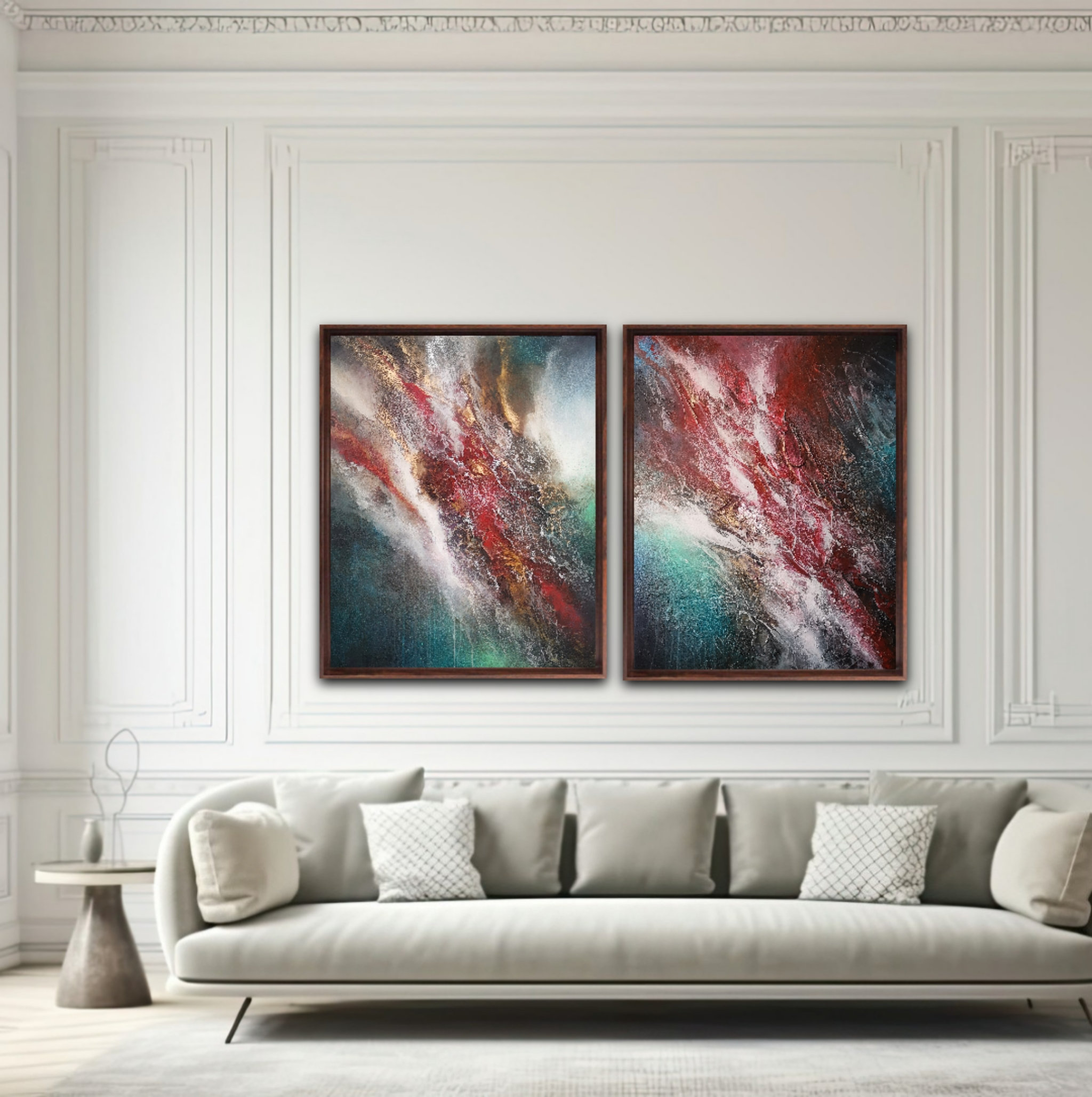 Vibrant mixed-media abstract art with layered structure showcased in modern interior design