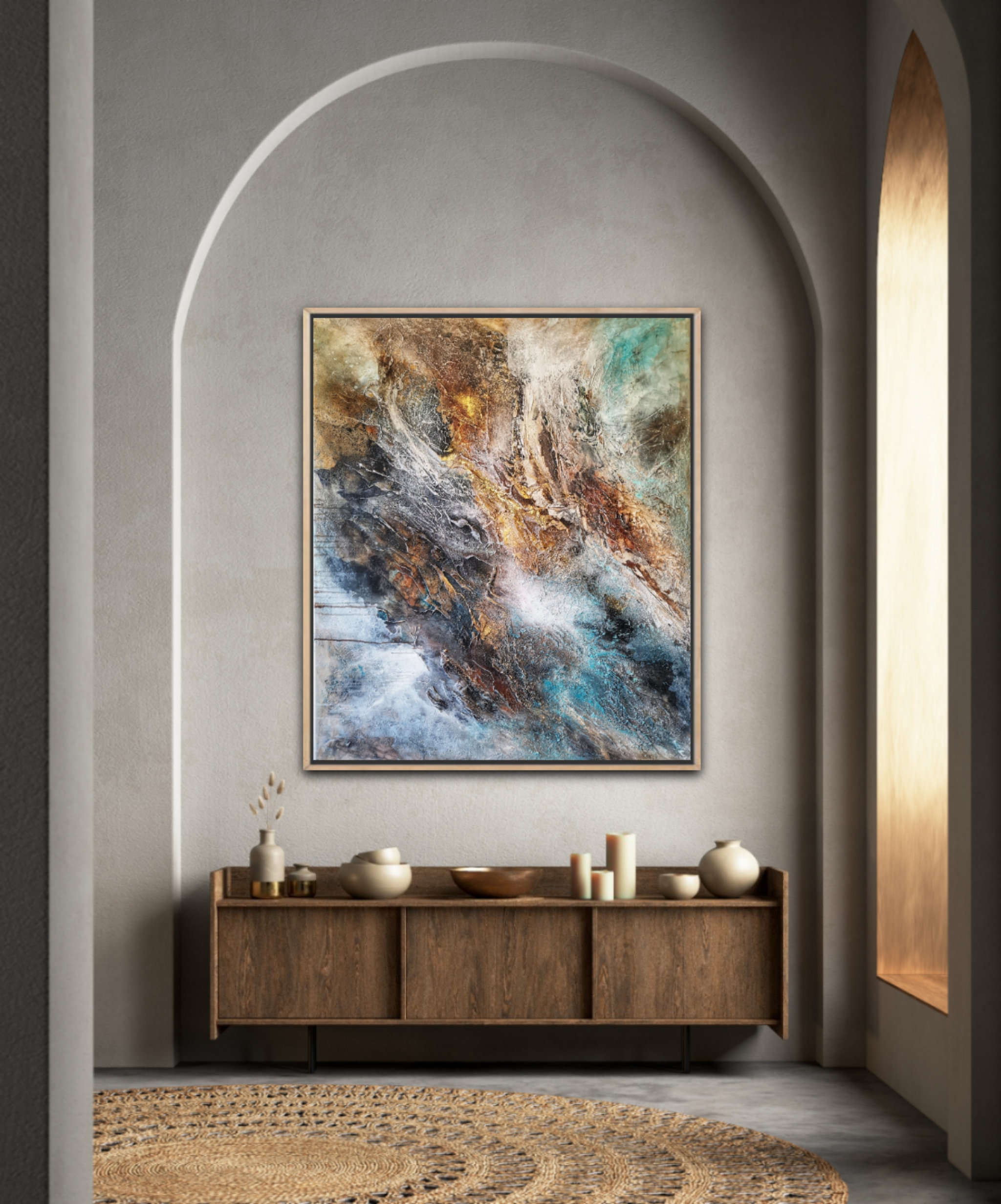 Vibrant mixed-media abstract art with layered structure showcased in modern interior design