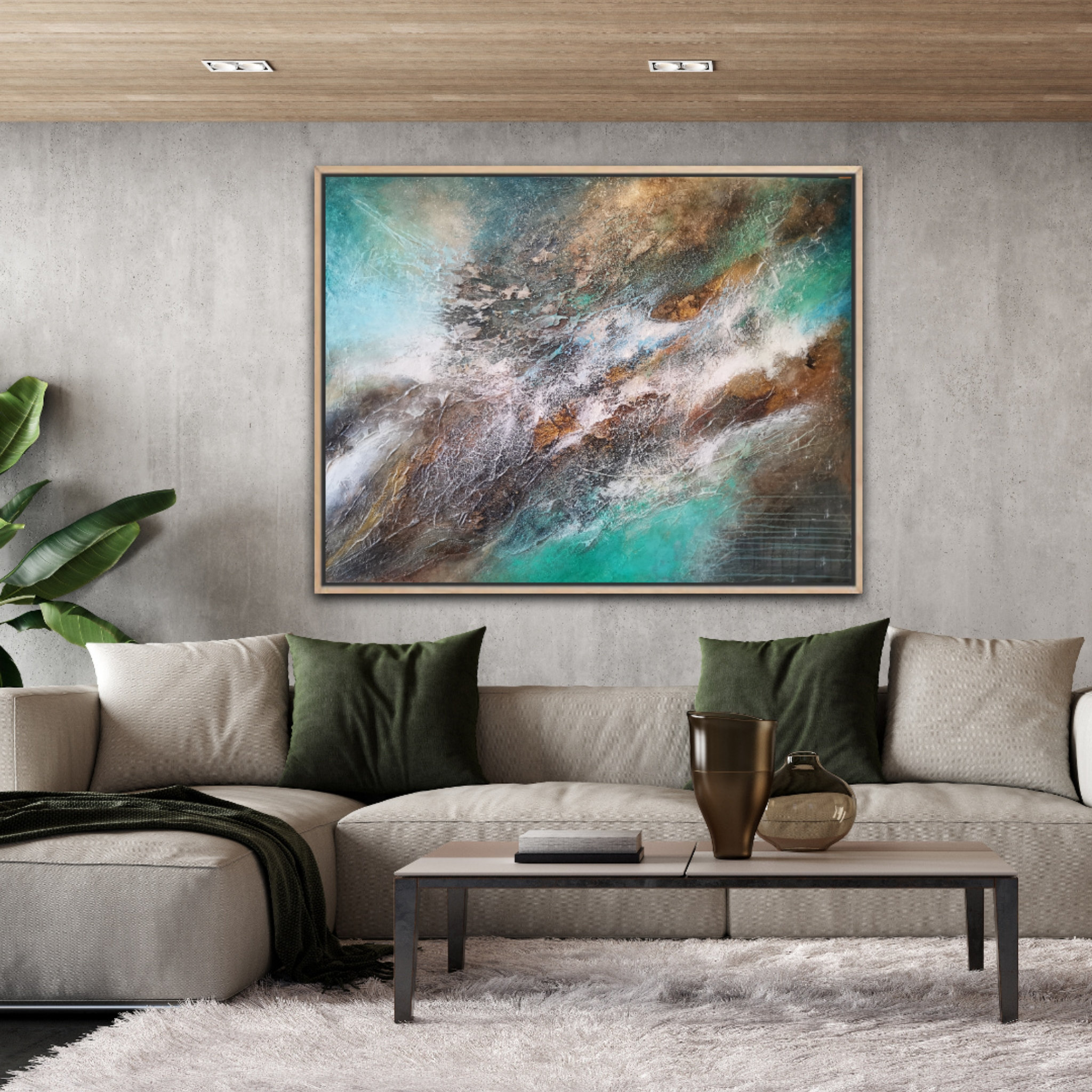 Vibrant mixed-media abstract art with layered structure showcased in modern interior design