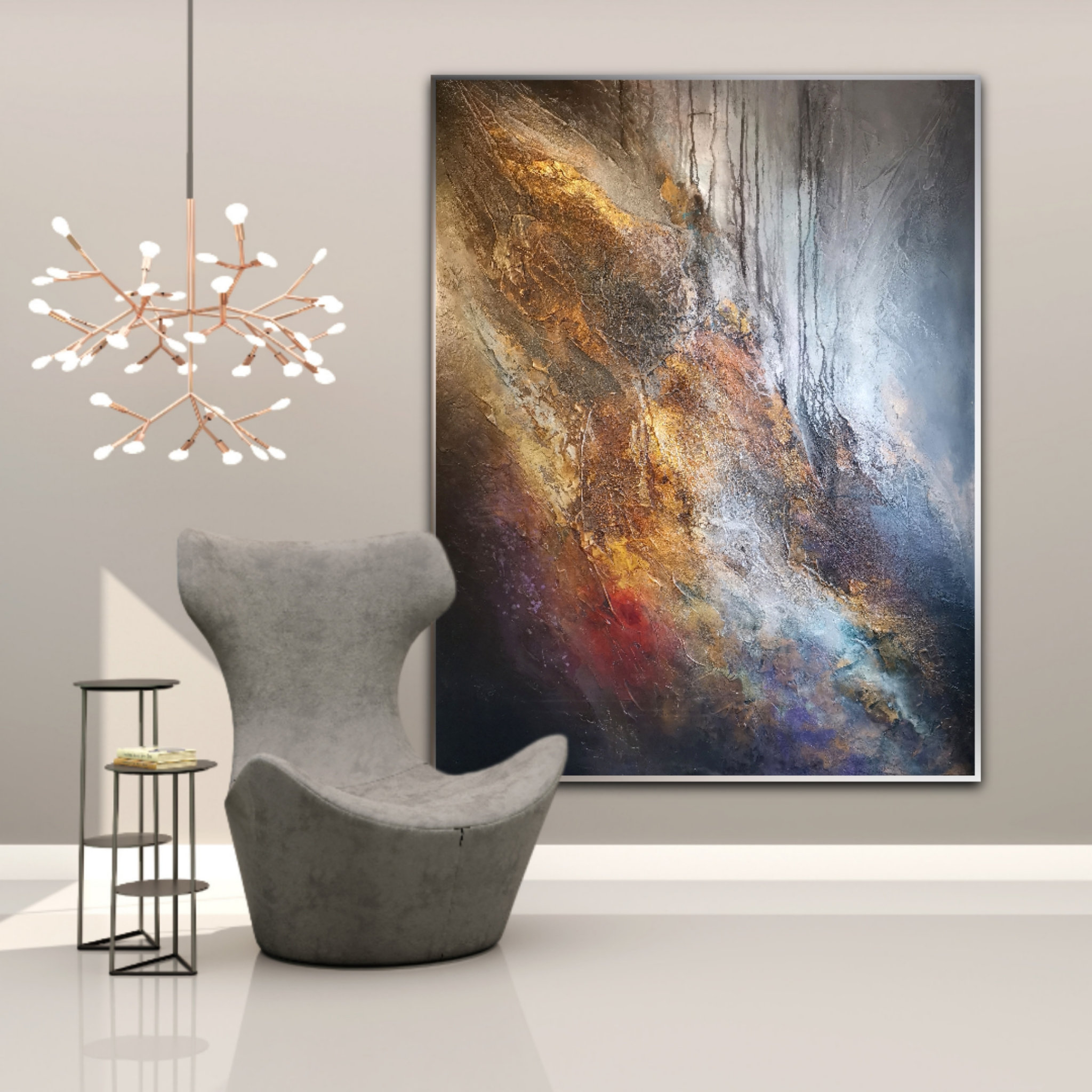 Vibrant mixed-media abstract art with layered structure showcased in modern interior design