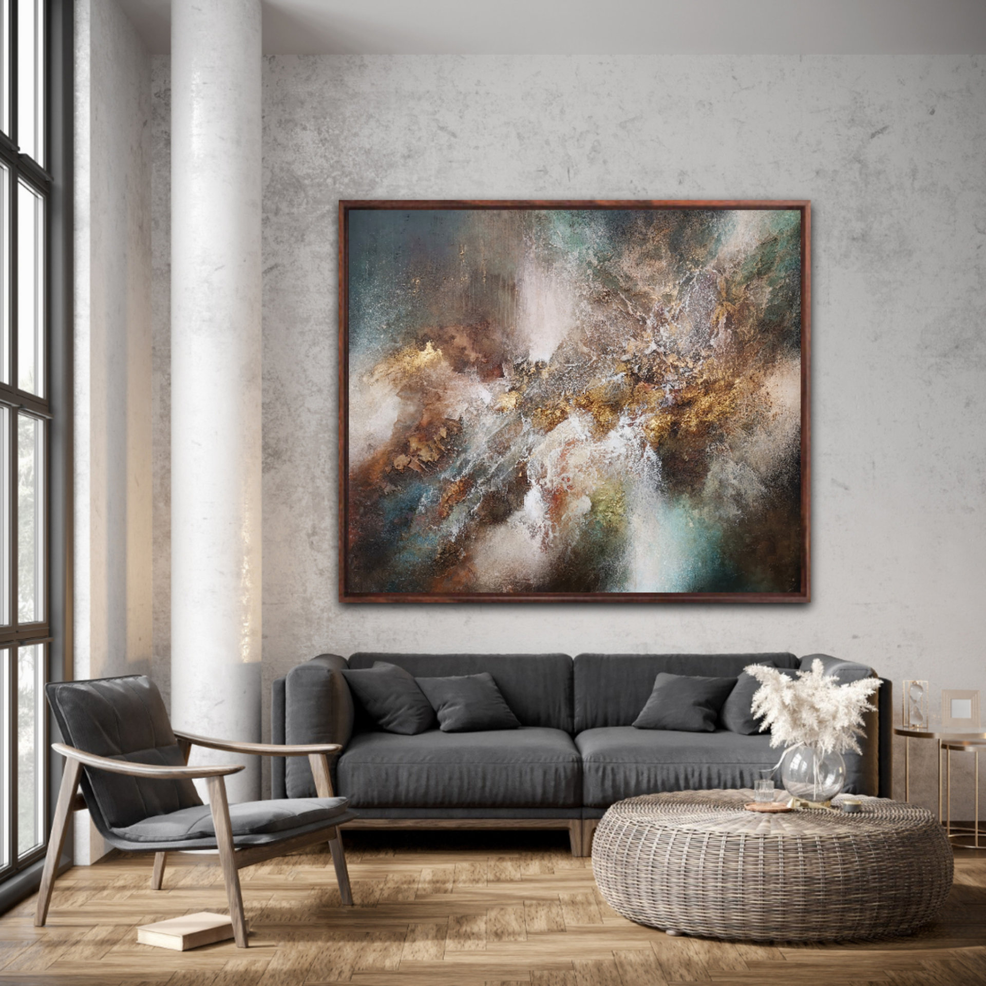 Vibrant mixed-media abstract art with layered structure showcased in modern interior design