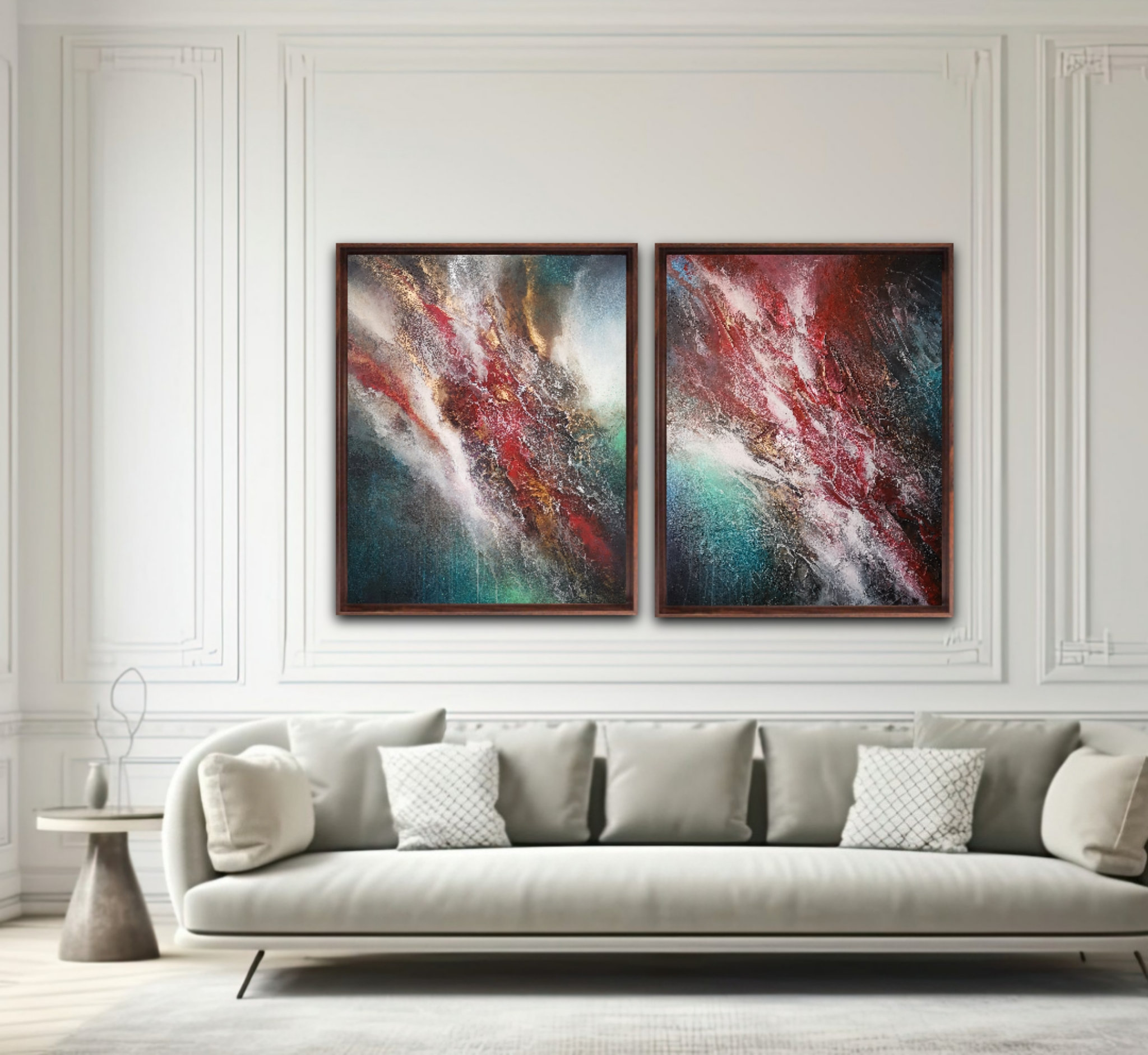 Vibrant mixed-media abstract art with layered structure showcased in modern interior design