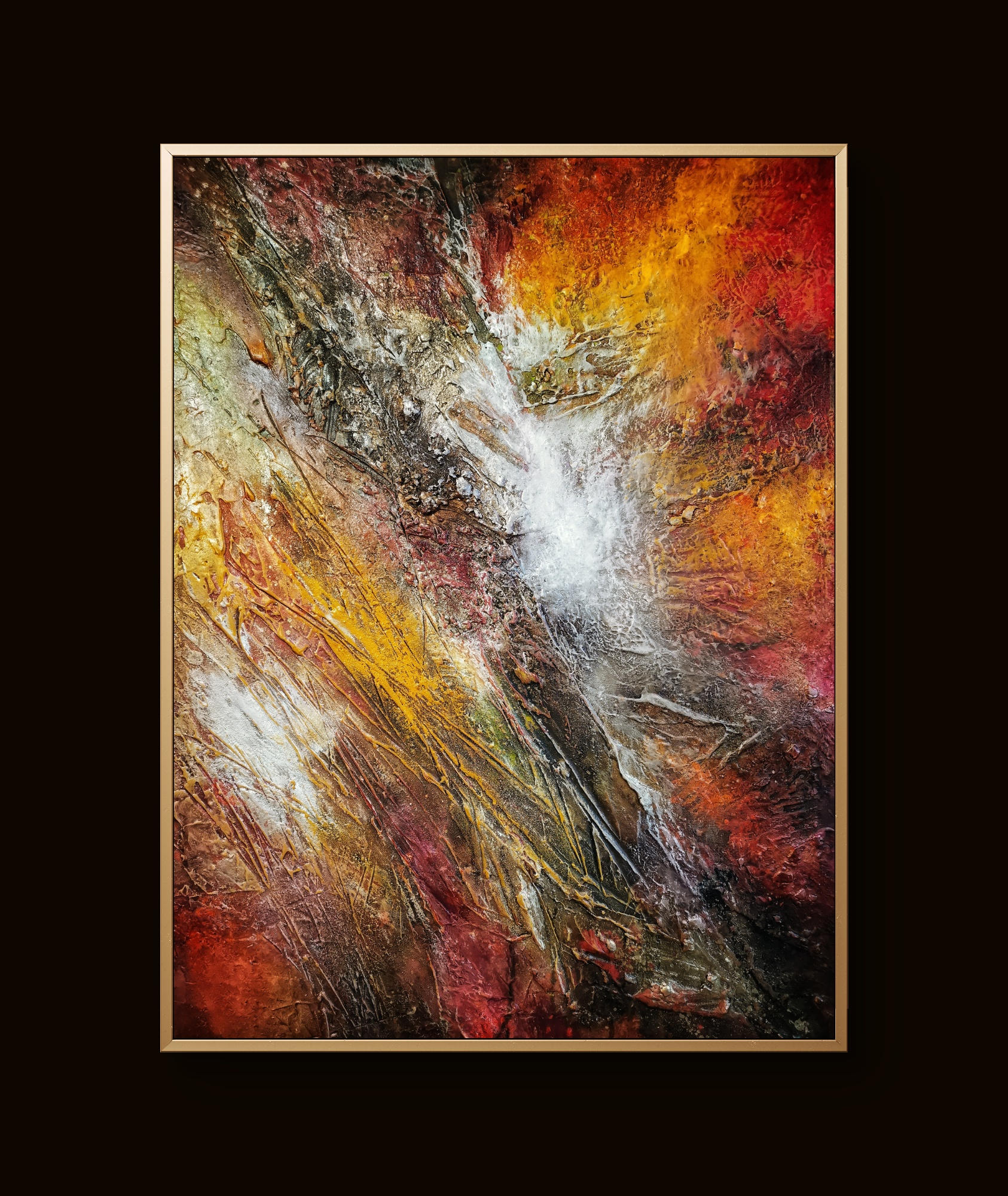 Vibrant abstract painting featuring heavy textures, organic flows, and bold red, orange color depth