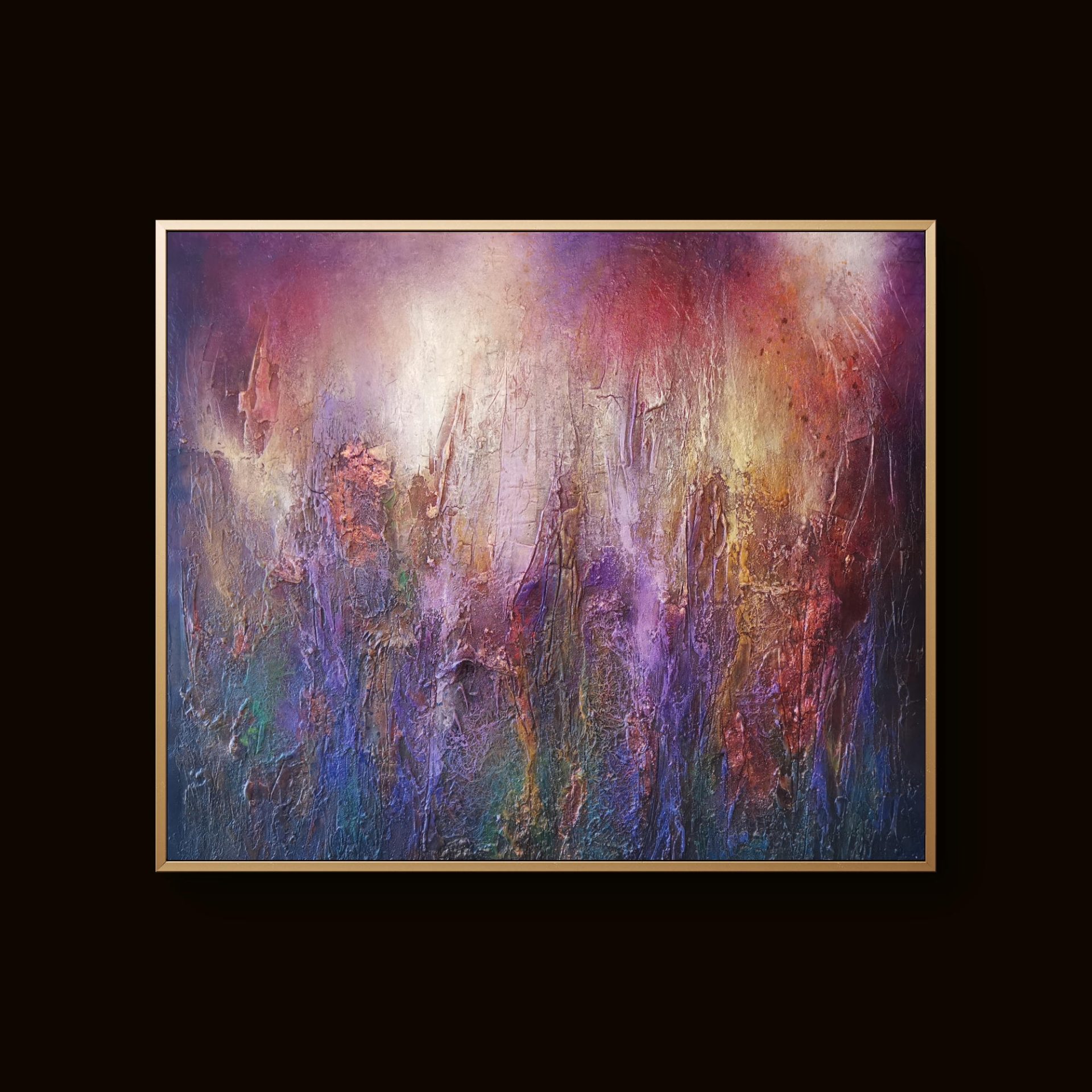 Abstract textured oil painting with vibrant purple, gold, and red tones in a gold frame
