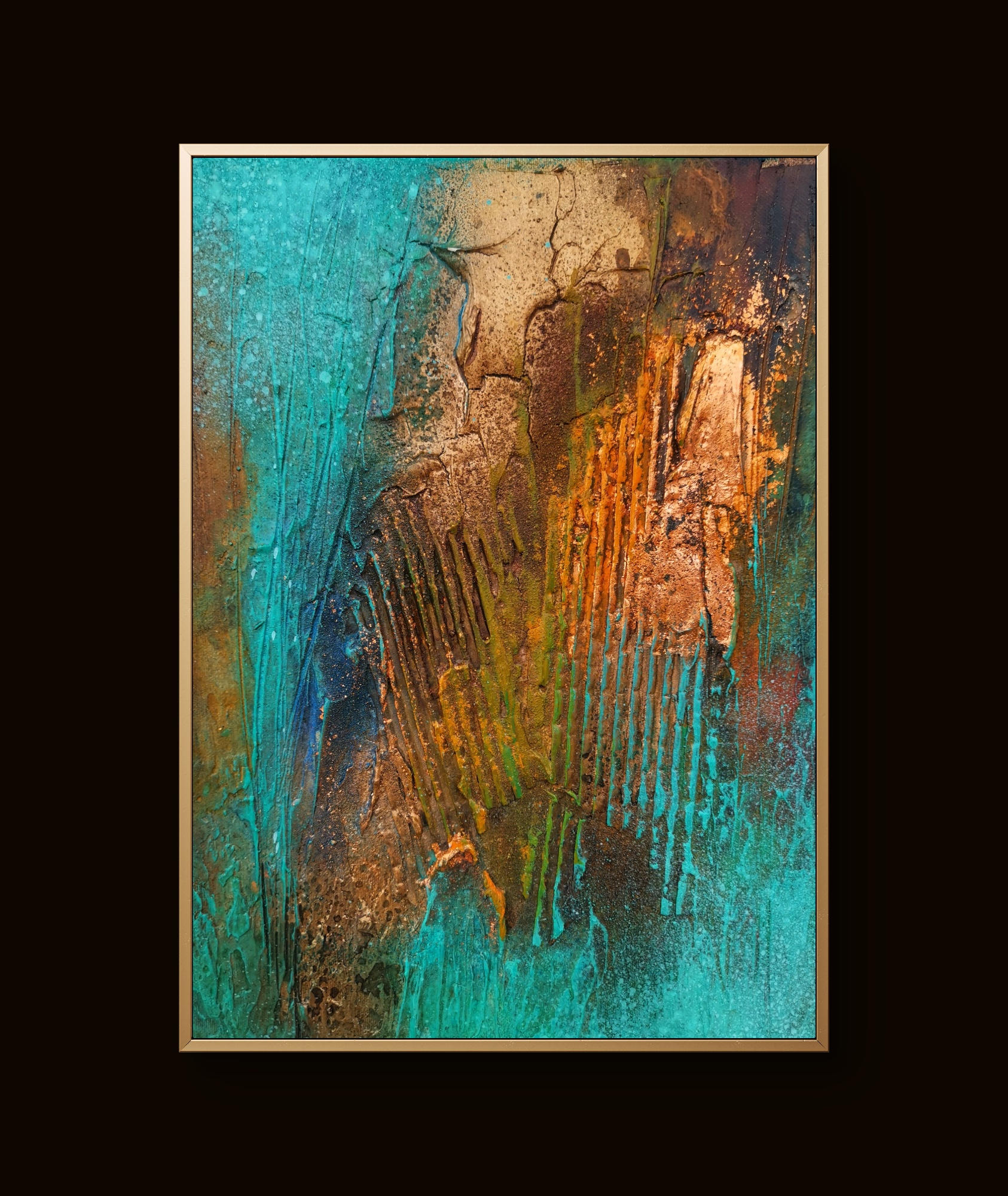 Abstract textured painting in turquoise, copper, and gold tones with ridges in a gold frame