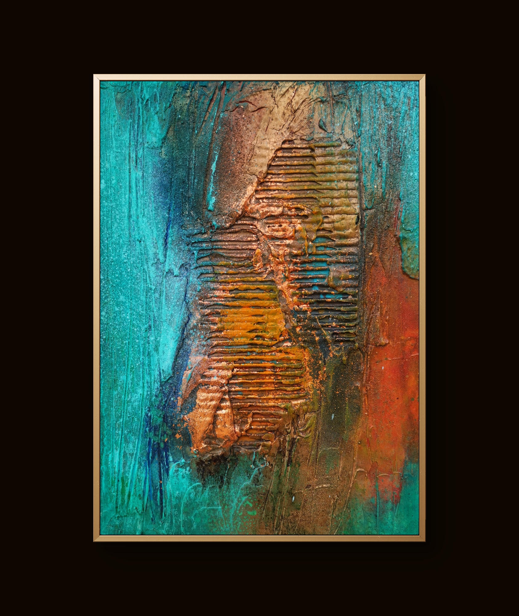Abstract textured painting in turquoise, copper, and gold tones with ridges in a gold frame