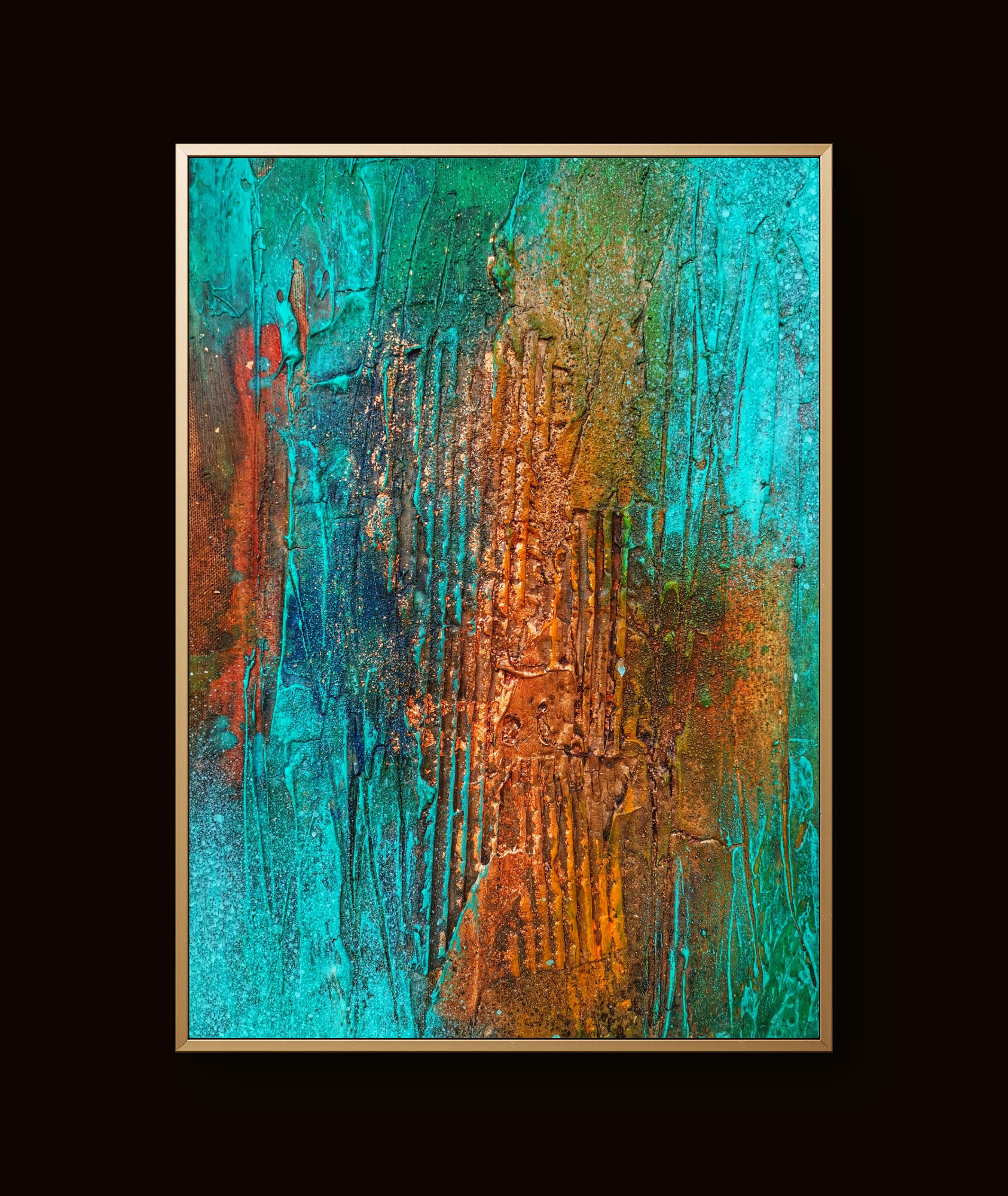 Abstract textured painting in turquoise, copper, and gold tones with ridges in a gold frame