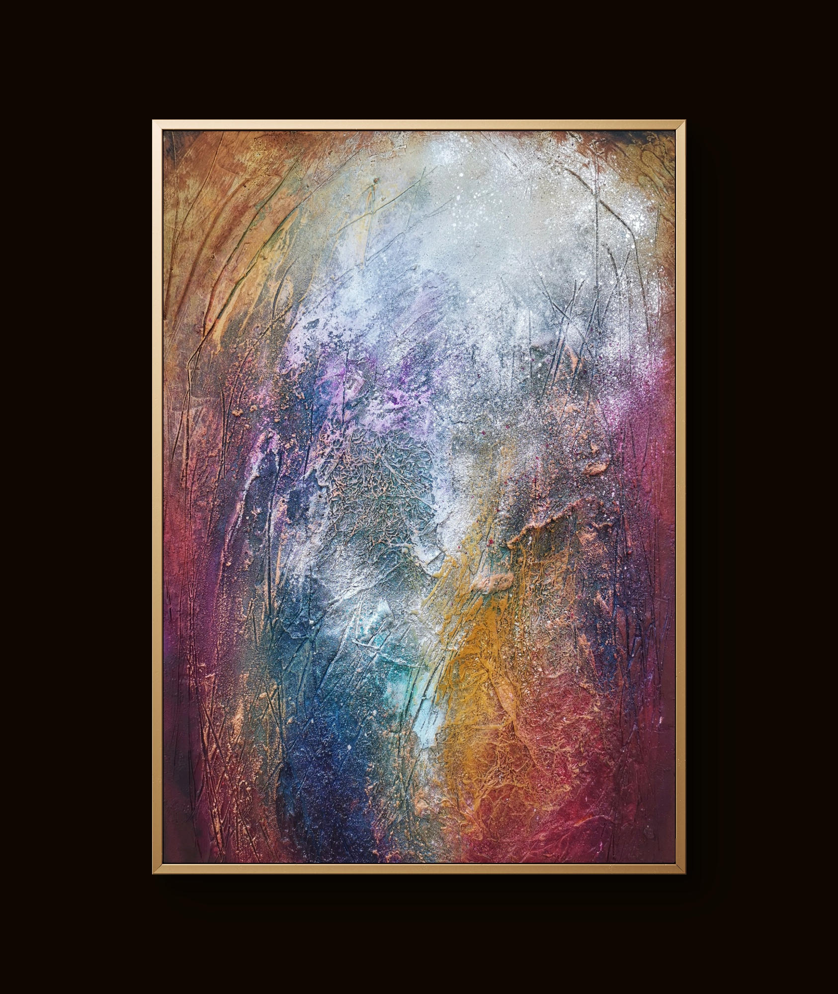 Vibrant abstract trio featuring heavy textures, organic flows, and bold color depth