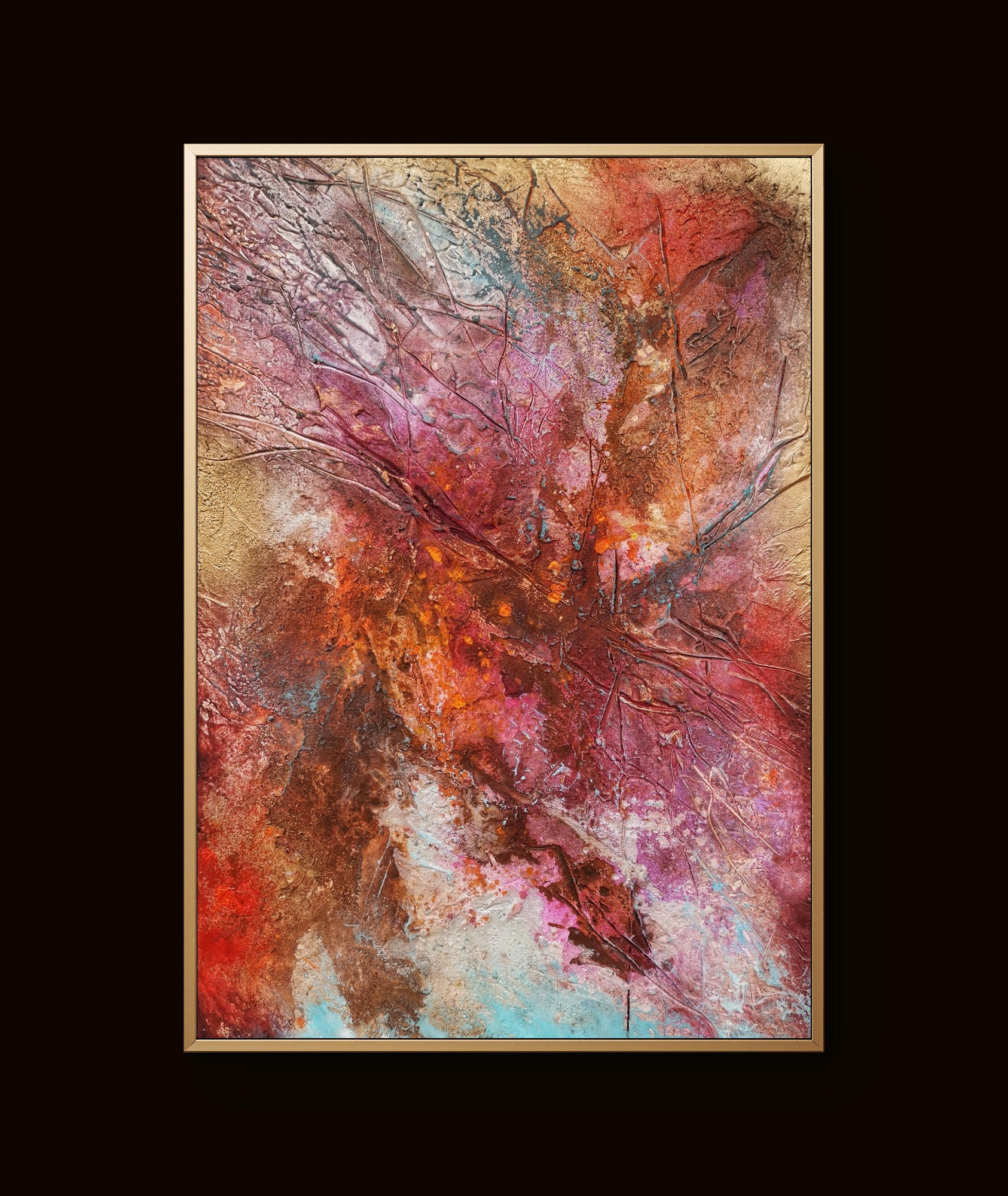 Vibrant abstract trio featuring heavy textures, organic flows, and bold color depth