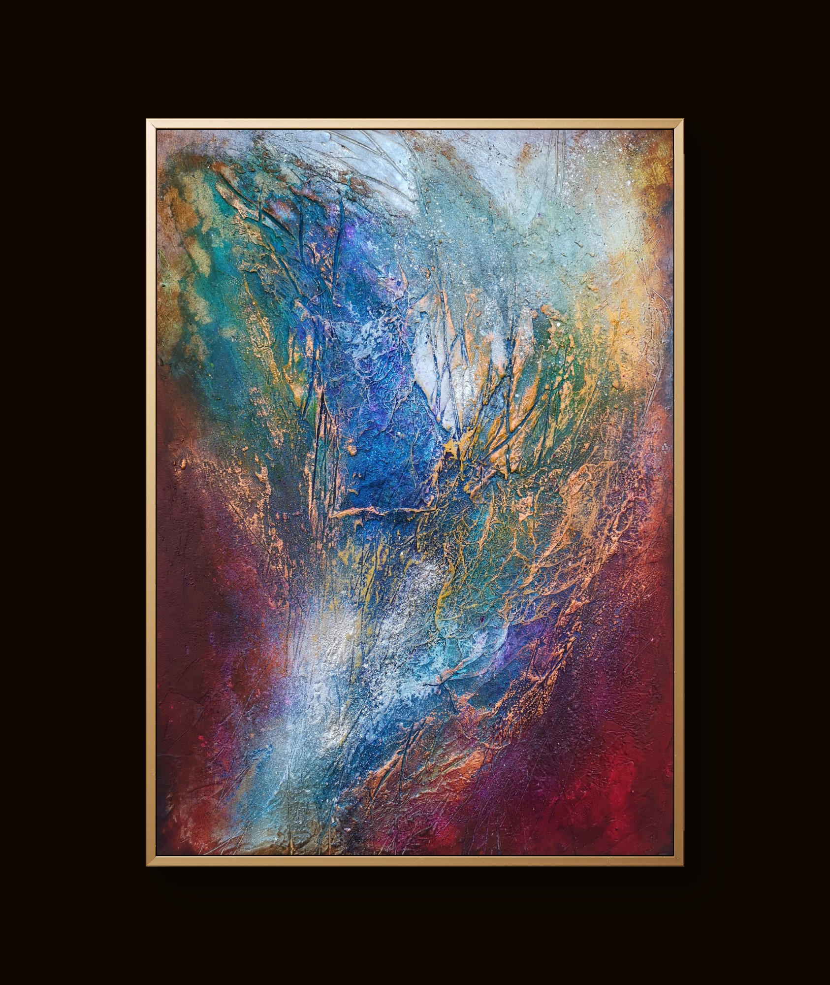 Vibrant abstract trio featuring heavy textures, organic flows, and bold color depth