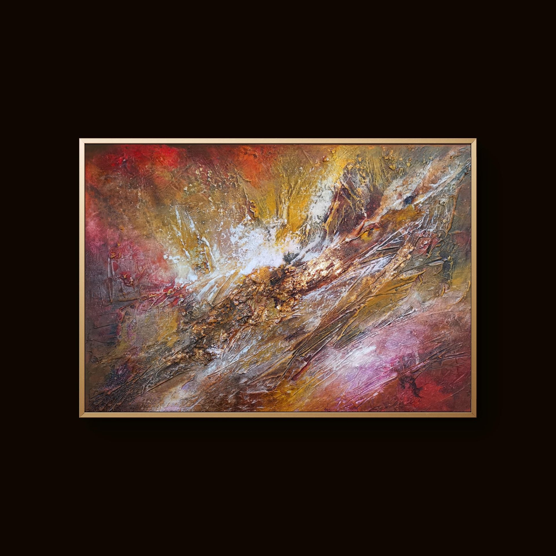 Vibrant abstract trio featuring heavy textures, organic flows, and bold color depth