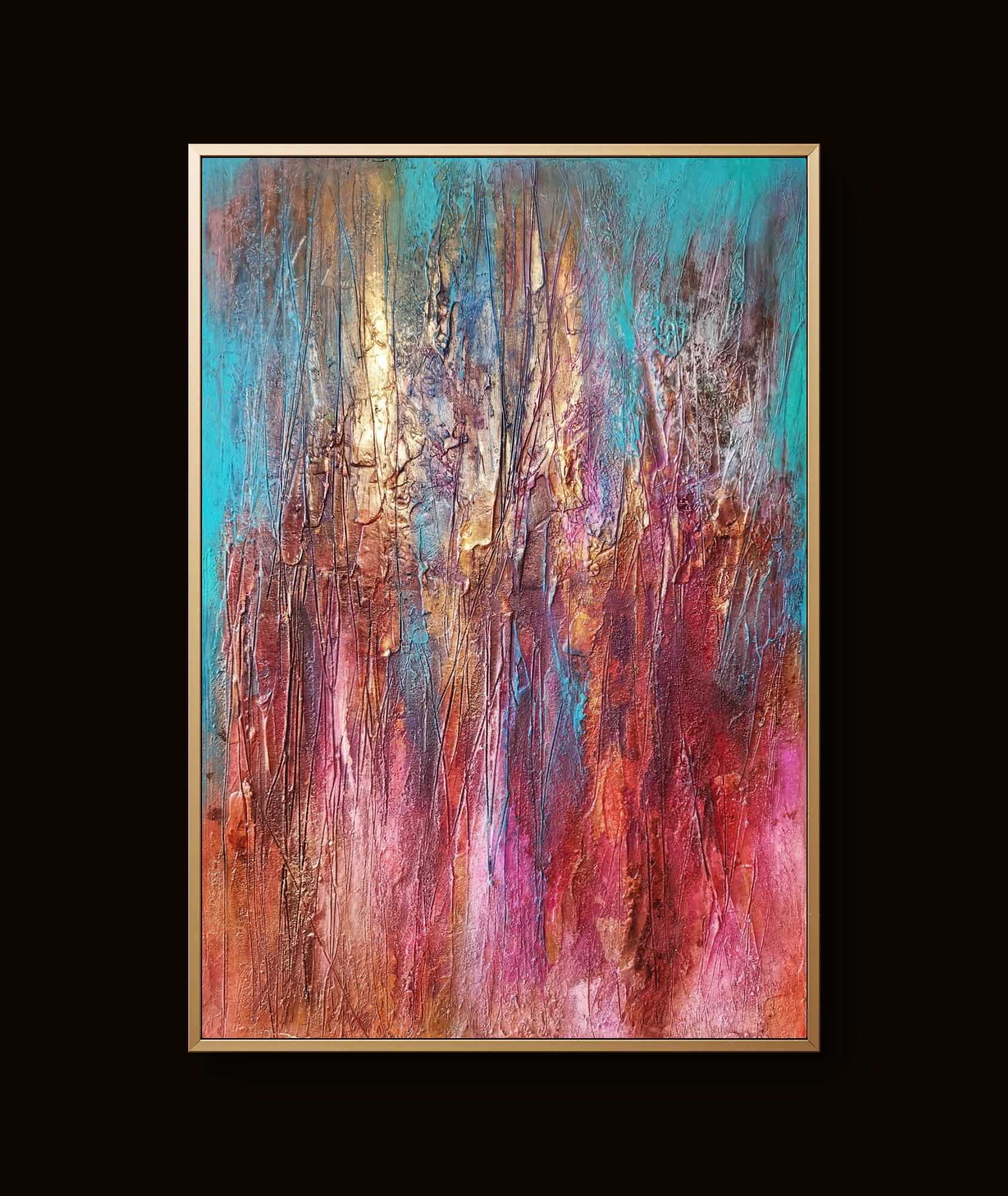Abstract painting with bold colors and textured strokes creating dynamic movement