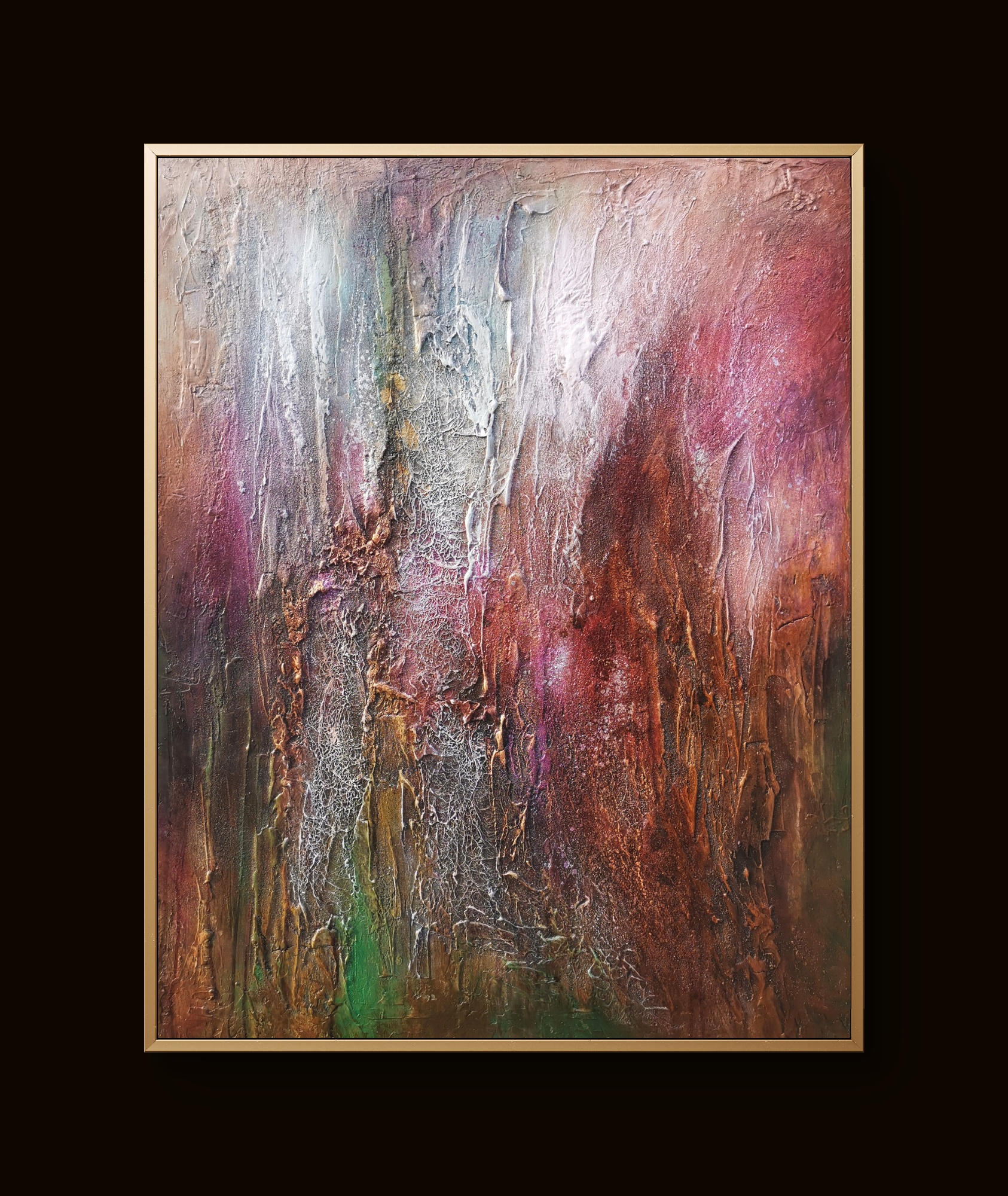 Abstract painting with bold colors and textured strokes creating dynamic movement