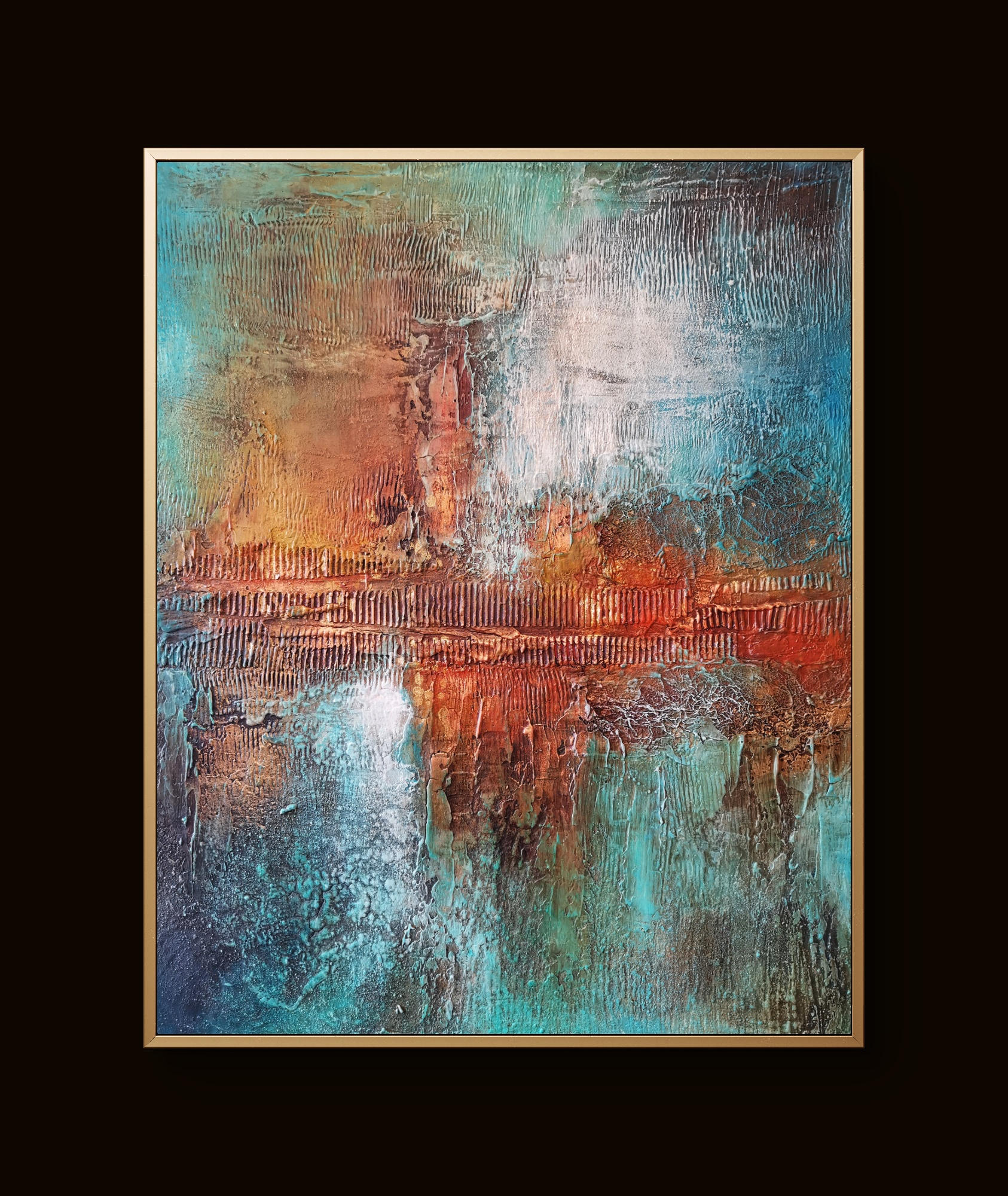 Abstract textured painting in turquoise, copper, and gold tones with ridges in a gold frame