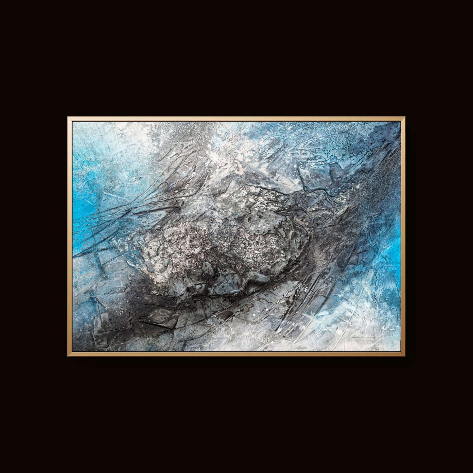 Abstract textured painting in shades of blue, silver, and black, resembling a frozen landscape