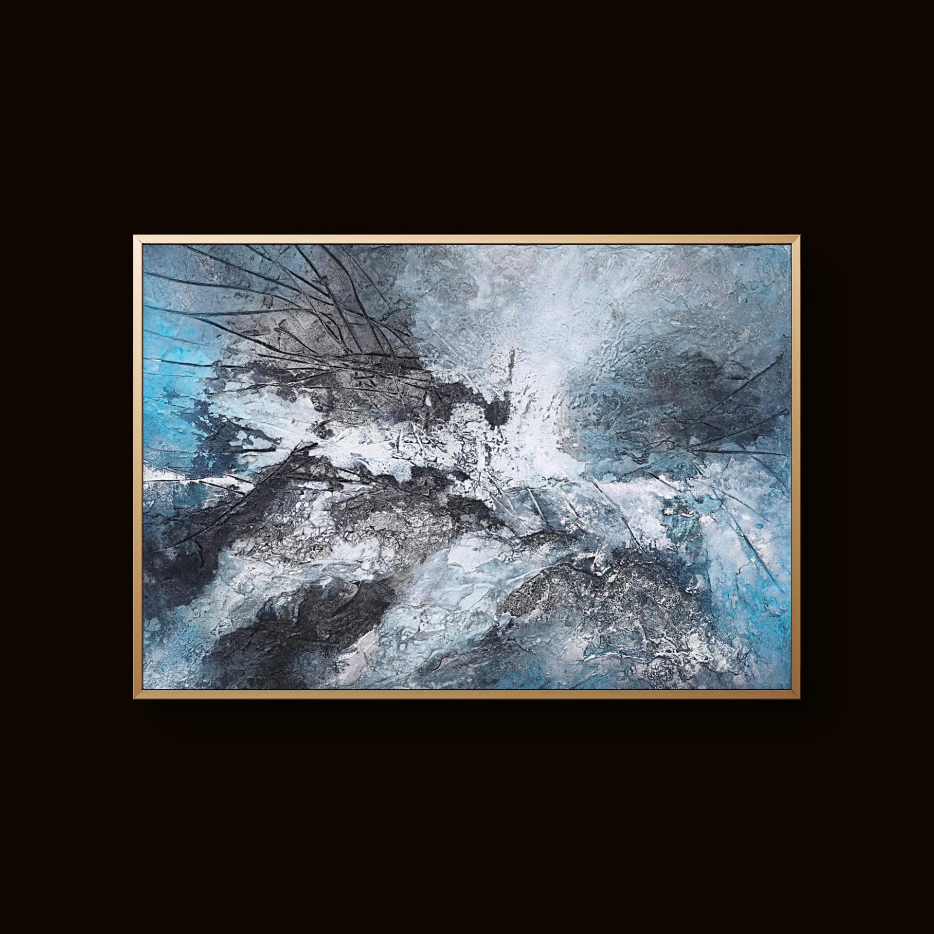 Abstract textured painting in shades of blue, silver, and black, resembling a frozen landscape
