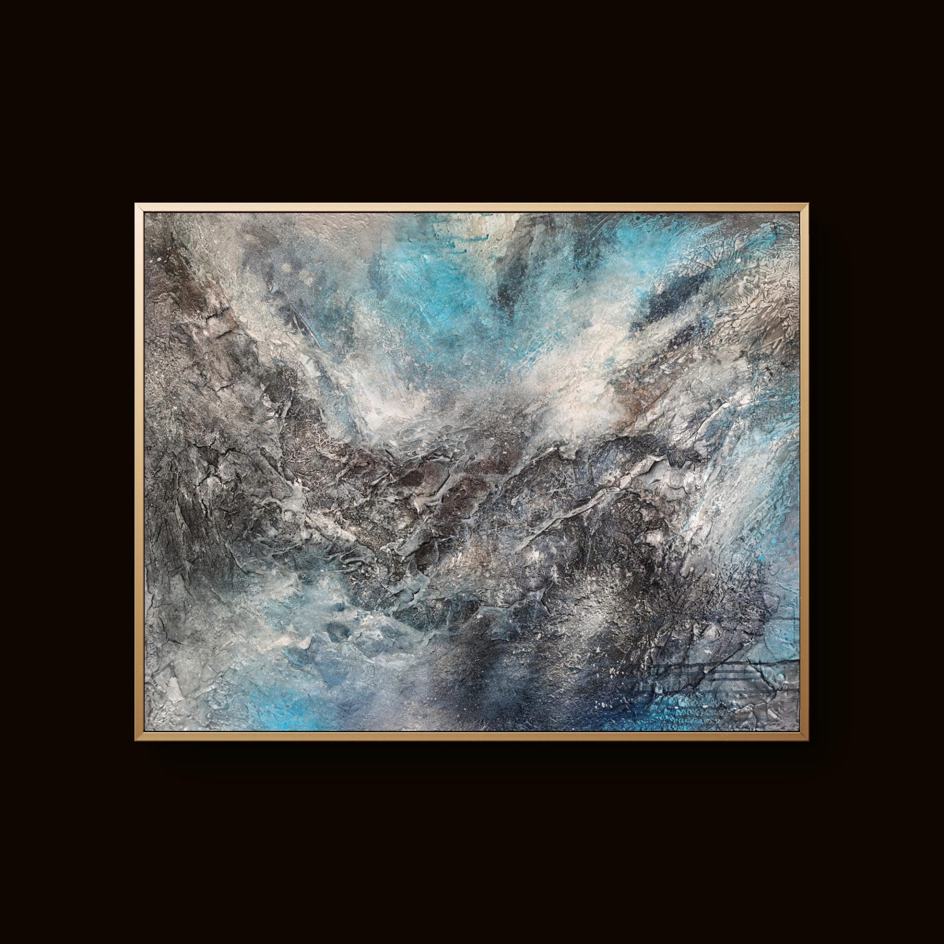 Modern mixed-media art featuring icy blue tones and metallic silver textures