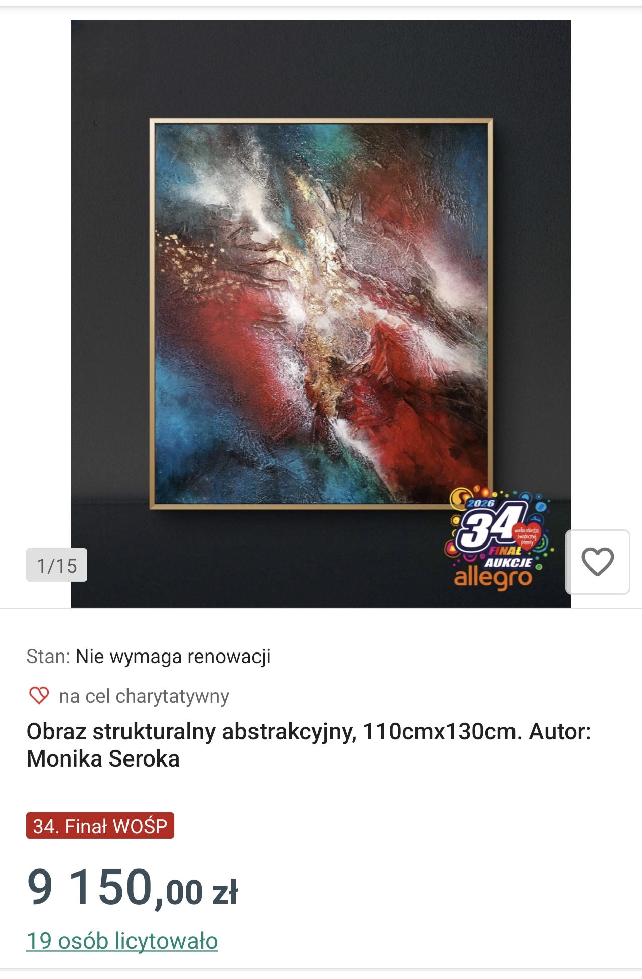 An online auction page showing a structural abstract painting, as part of a charity auction