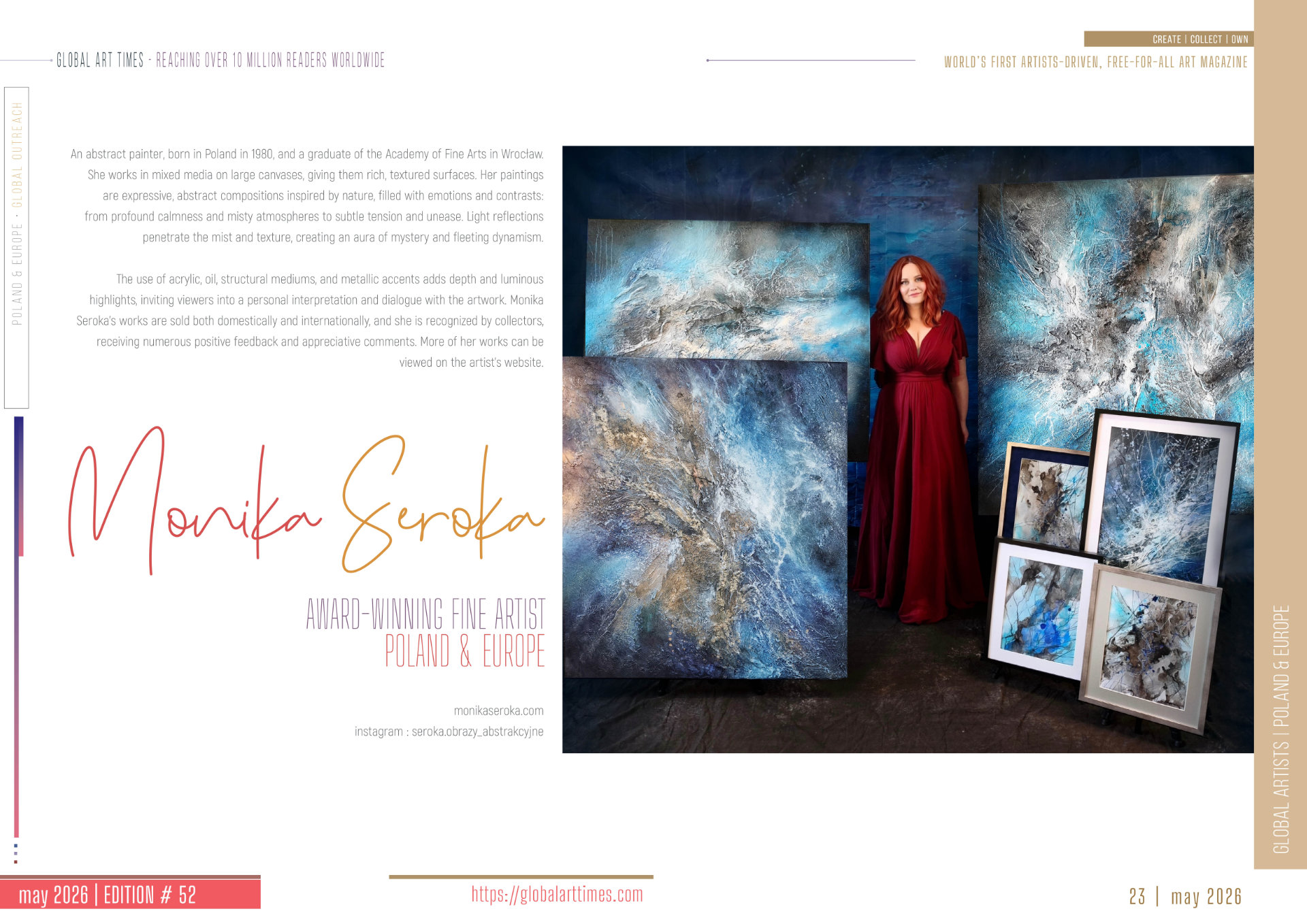Artwork by Monika Seroka, Polish abstract artist, featuring large textured compositions in blue, silver, gold and earthy tones, showcased across three pages of Global Art Times magazine, May 2026