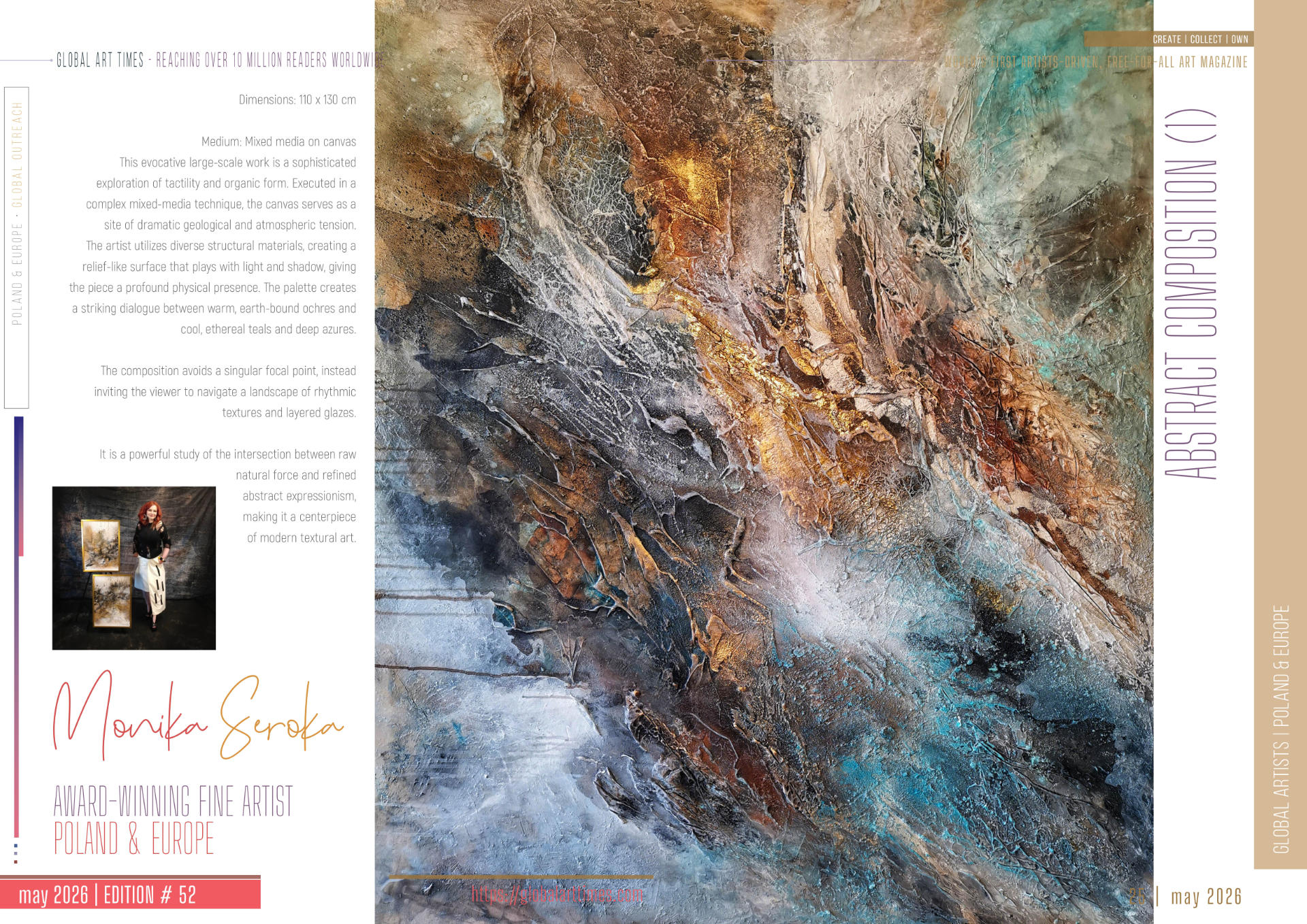 Artwork by Monika Seroka, Polish abstract artist, featuring large textured compositions in blue, silver, gold and earthy tones, showcased across three pages of Global Art Times magazine, May 2026