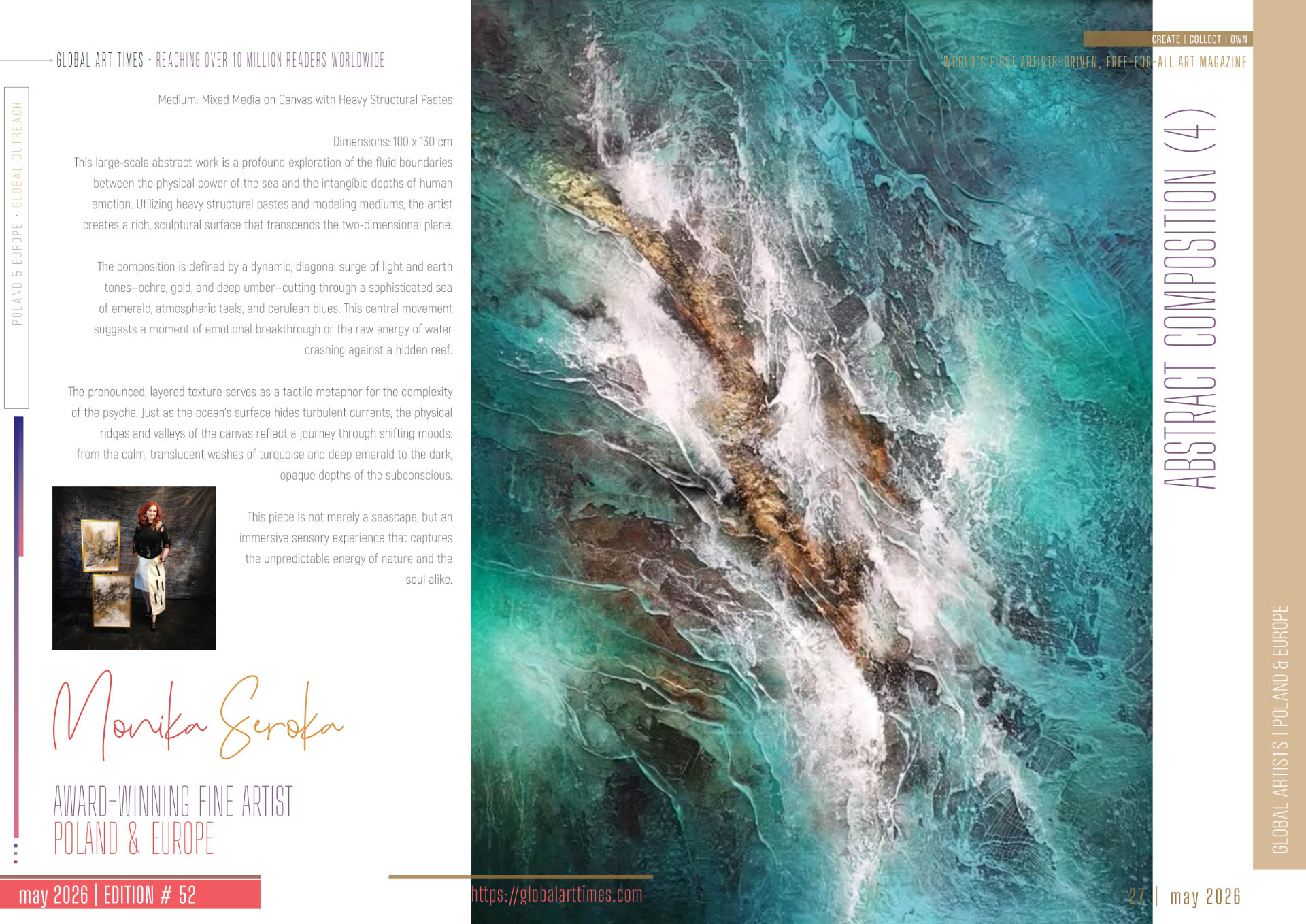 Artwork by Monika Seroka, Polish abstract artist, featuring large textured compositions in blue, silver, gold and earthy tones, showcased across three pages of Global Art Times magazine, May 2026